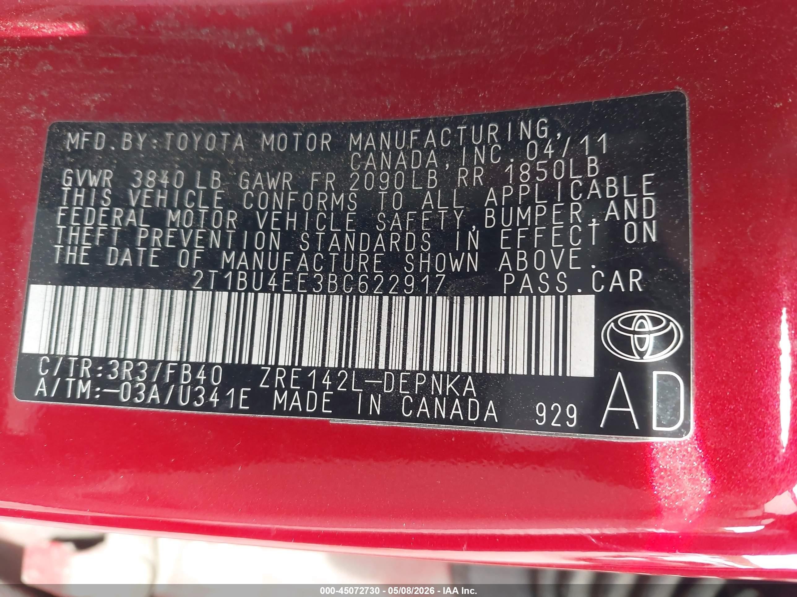 2011 Toyota Corolla Le Red vin: 2T1BU4EE3BC622917