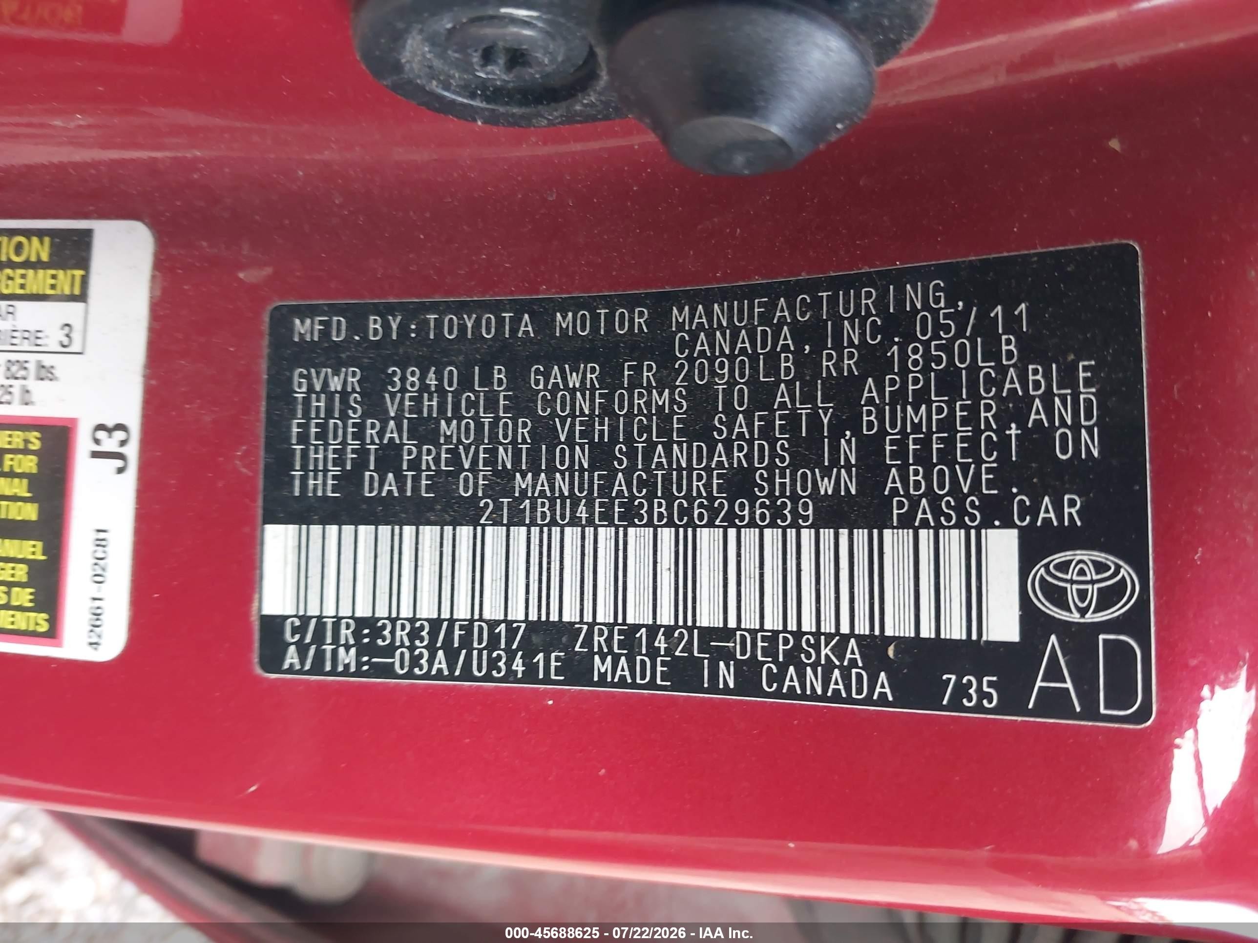 2011 Toyota Corolla S Red vin: 2T1BU4EE3BC629639