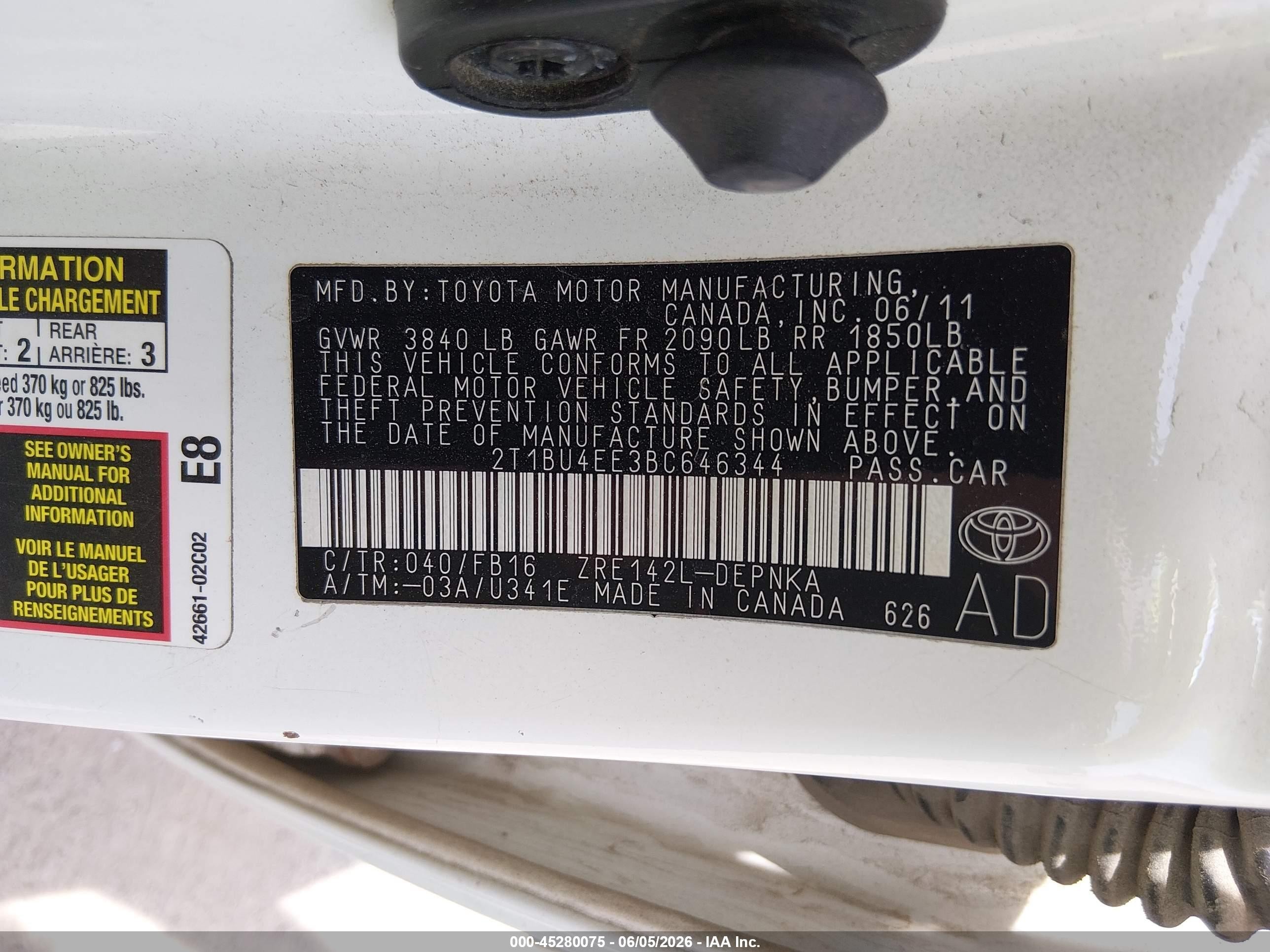 2011 Toyota Corolla Le White vin: 2T1BU4EE3BC646344