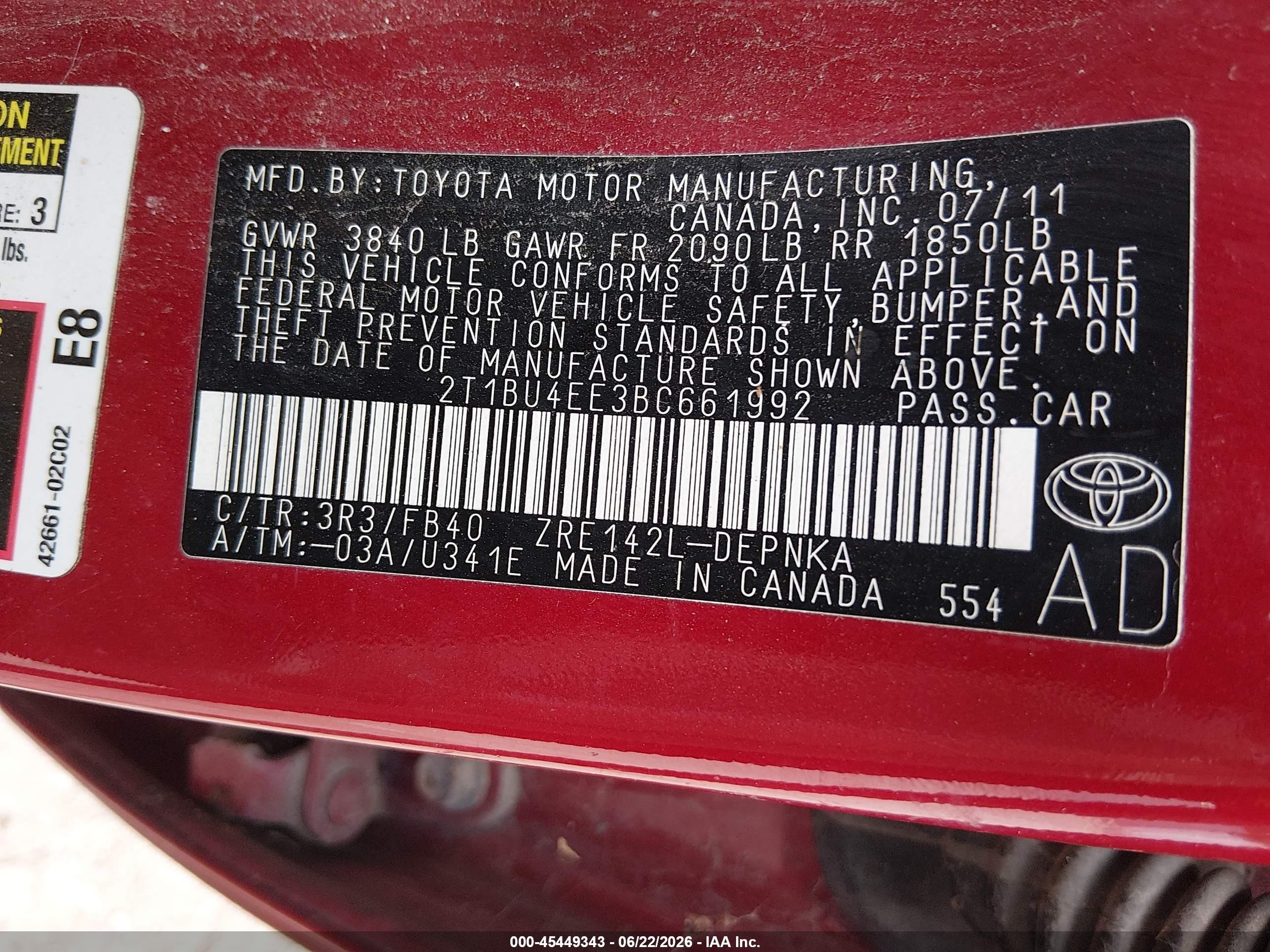 2011 Toyota Corolla Le Maroon vin: 2T1BU4EE3BC661992