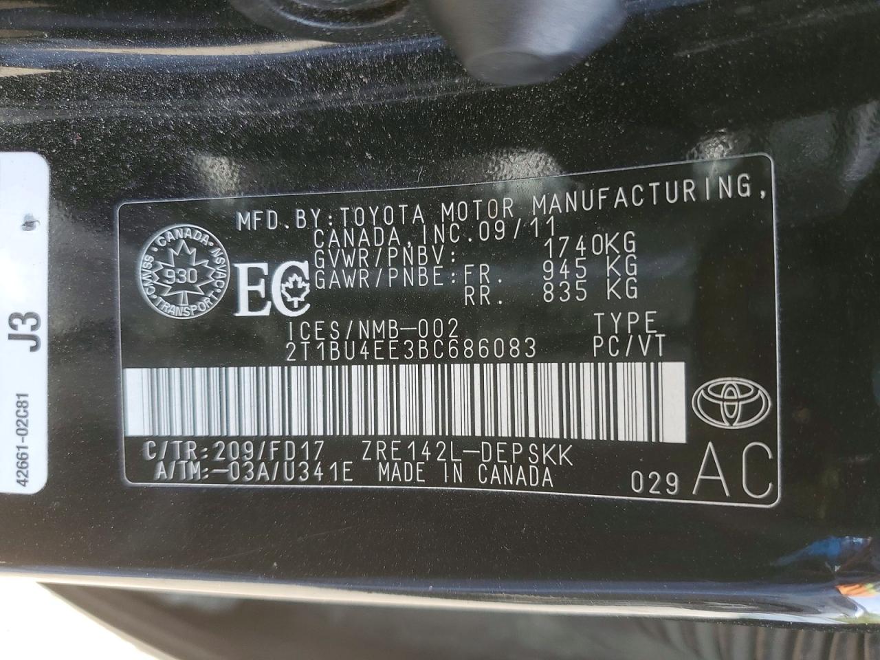 2011 Toyota Corolla Base Black vin: 2T1BU4EE3BC686083