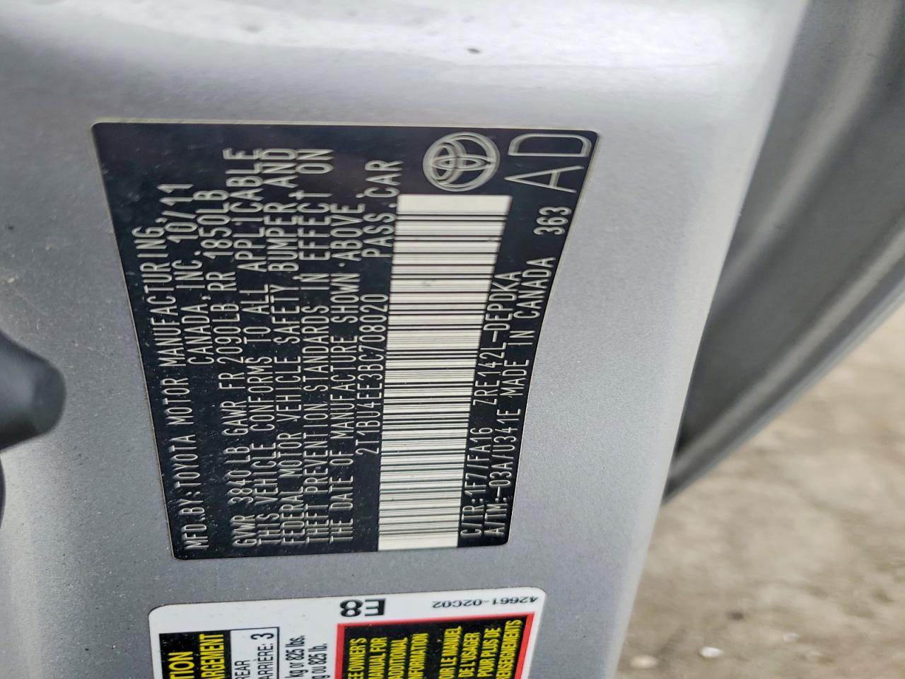 2011 Toyota Corolla Base Silver vin: 2T1BU4EE3BC708020