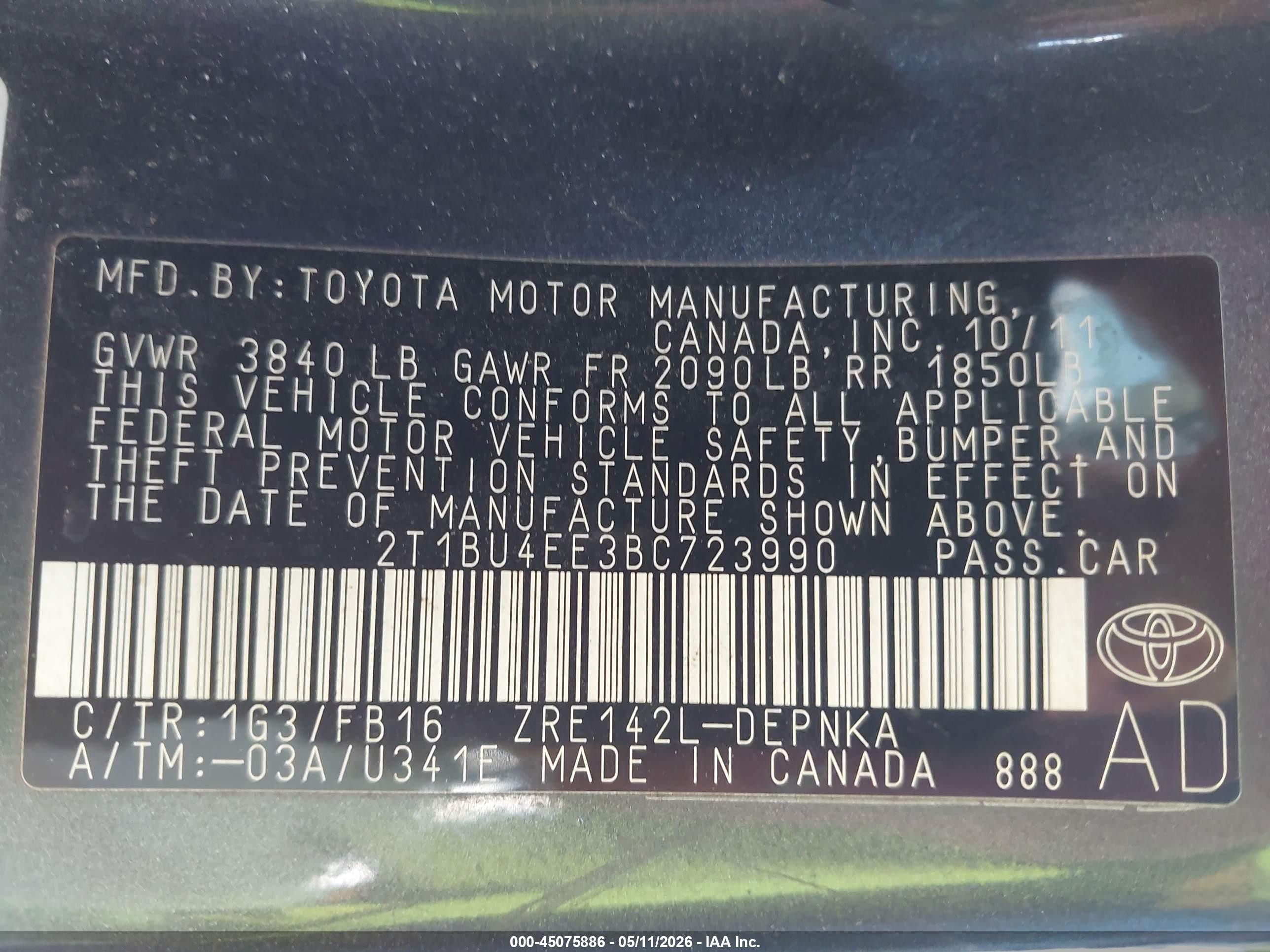 2011 Toyota Corolla Le Gray vin: 2T1BU4EE3BC723990