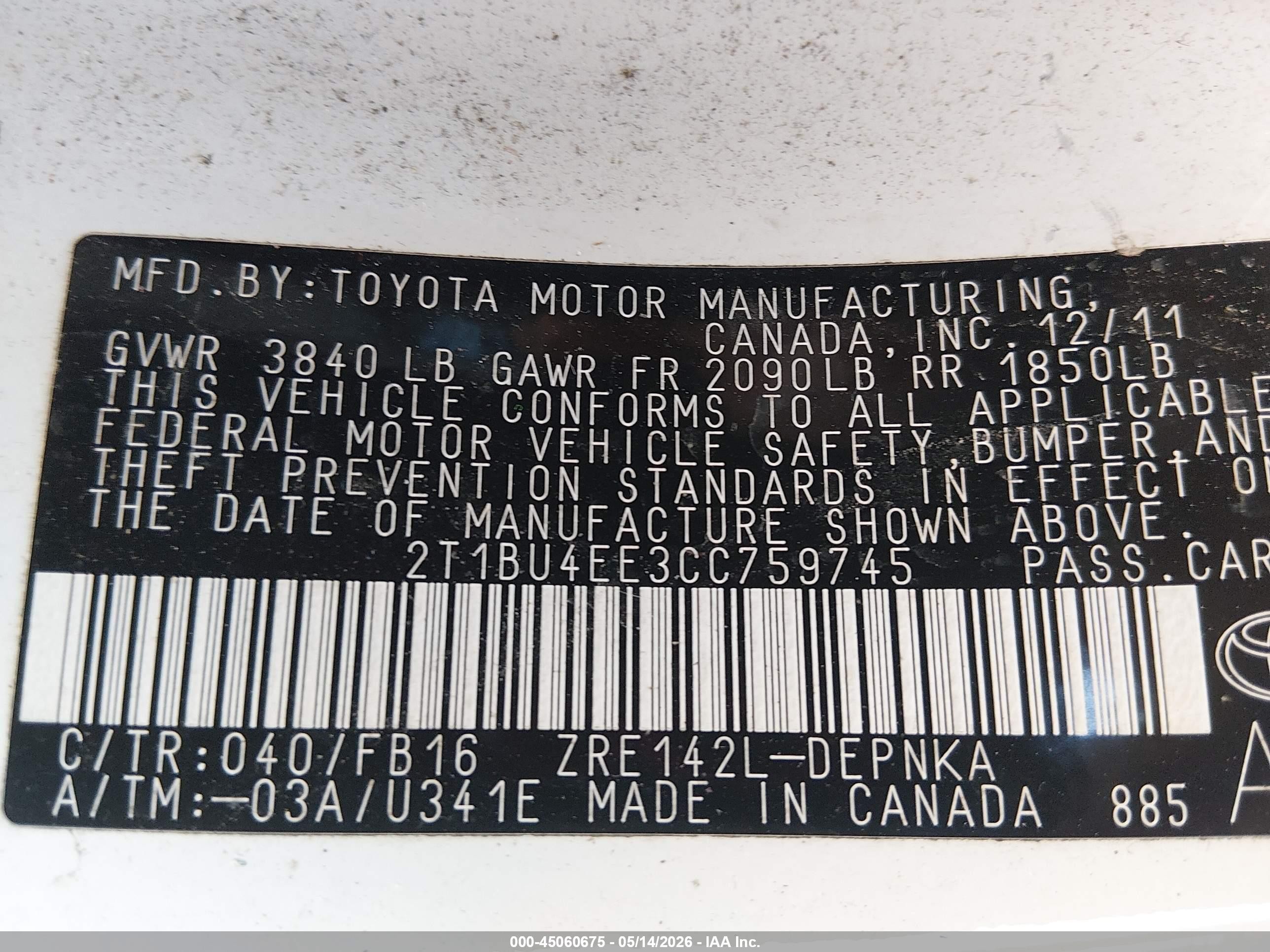 2012 Toyota Corolla Le White vin: 2T1BU4EE3CC759745