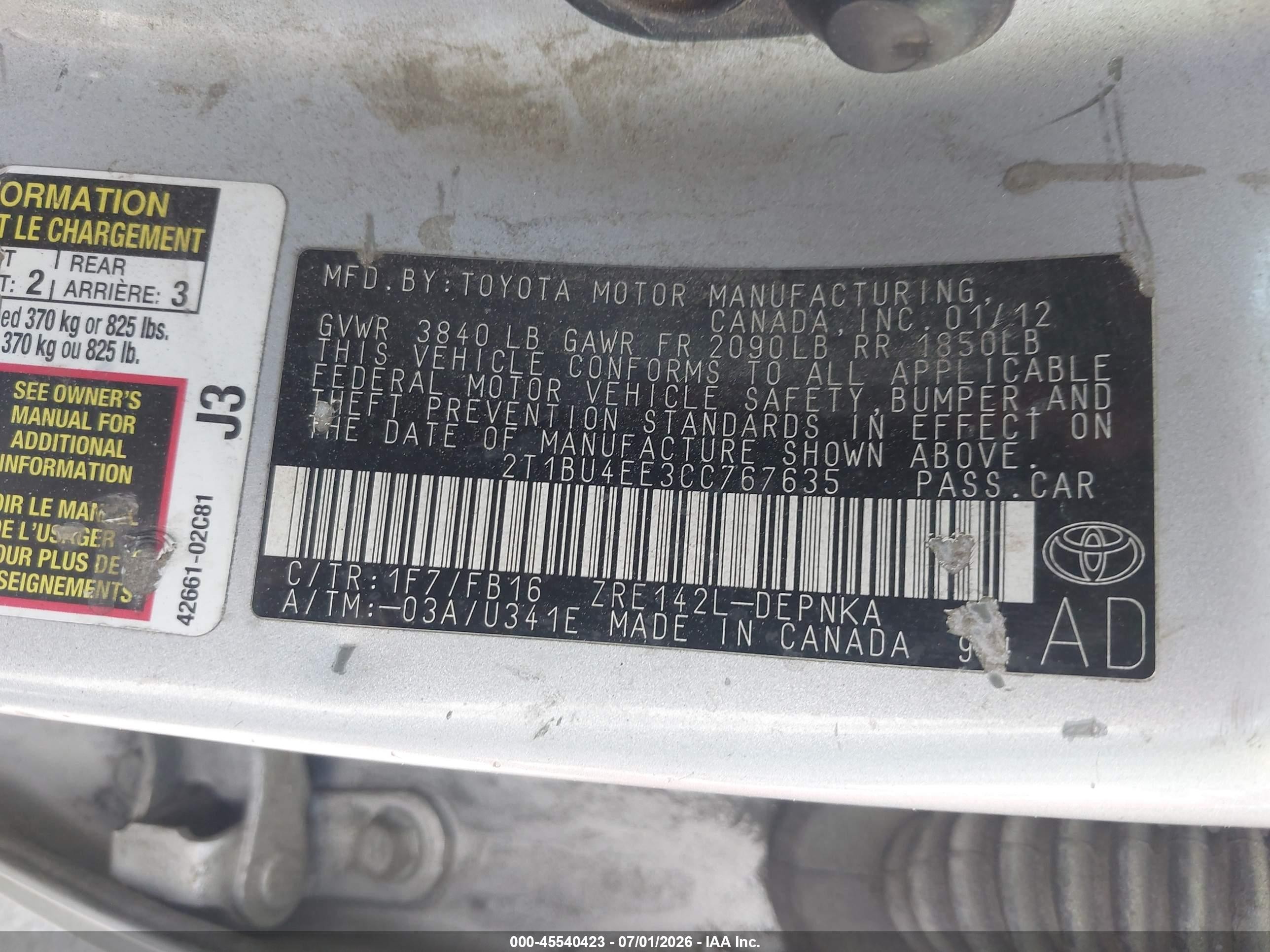 2012 Toyota Corolla Le Silver vin: 2T1BU4EE3CC767635