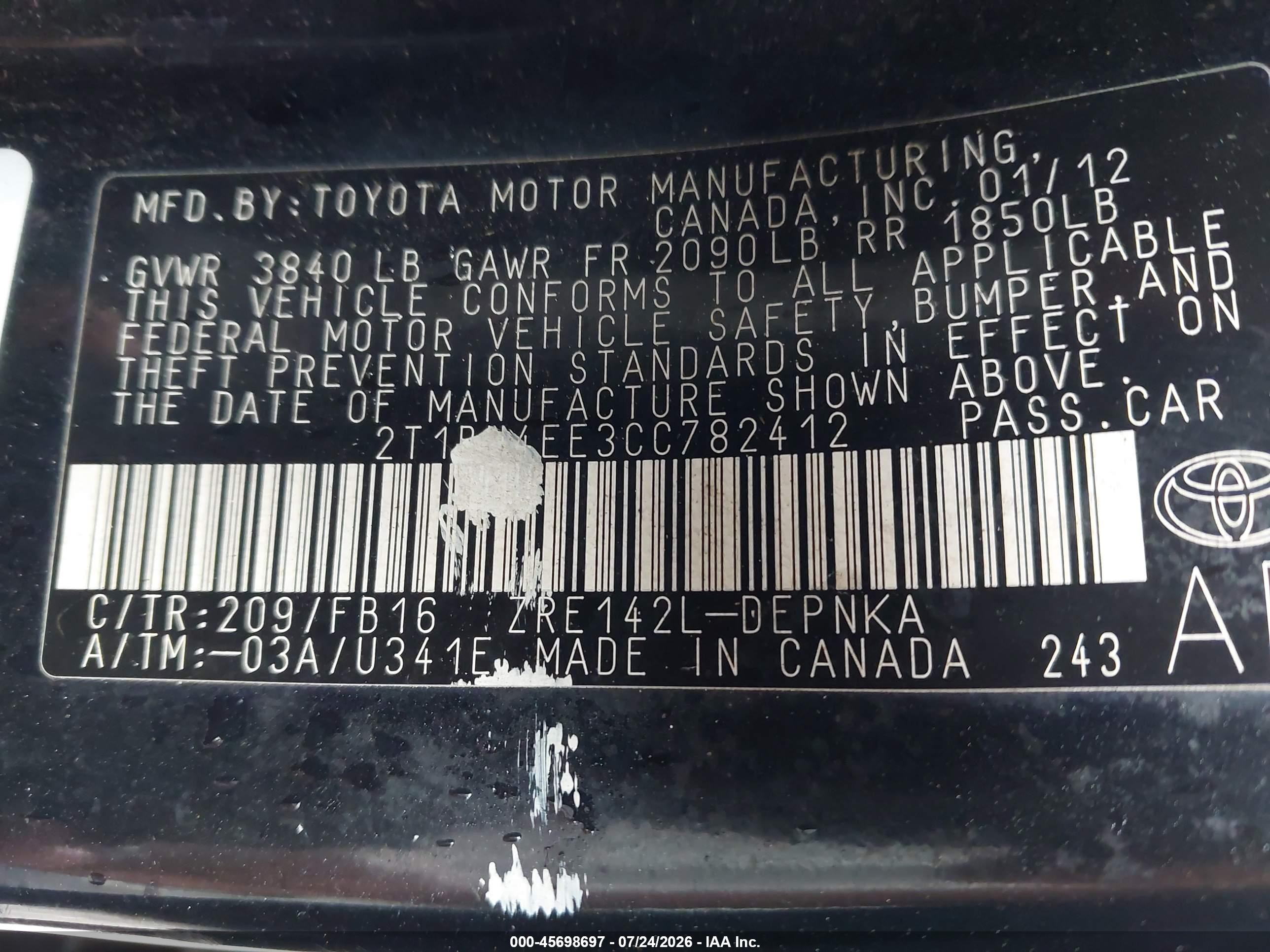 2012 Toyota Corolla Le Black vin: 2T1BU4EE3CC782412