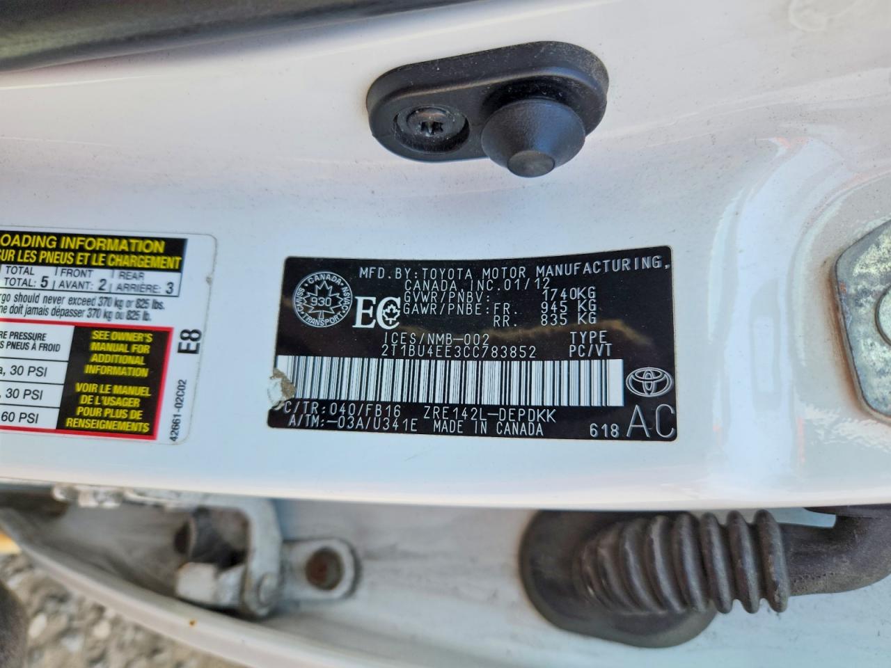 2012 Toyota Corolla Base White vin: 2T1BU4EE3CC783852