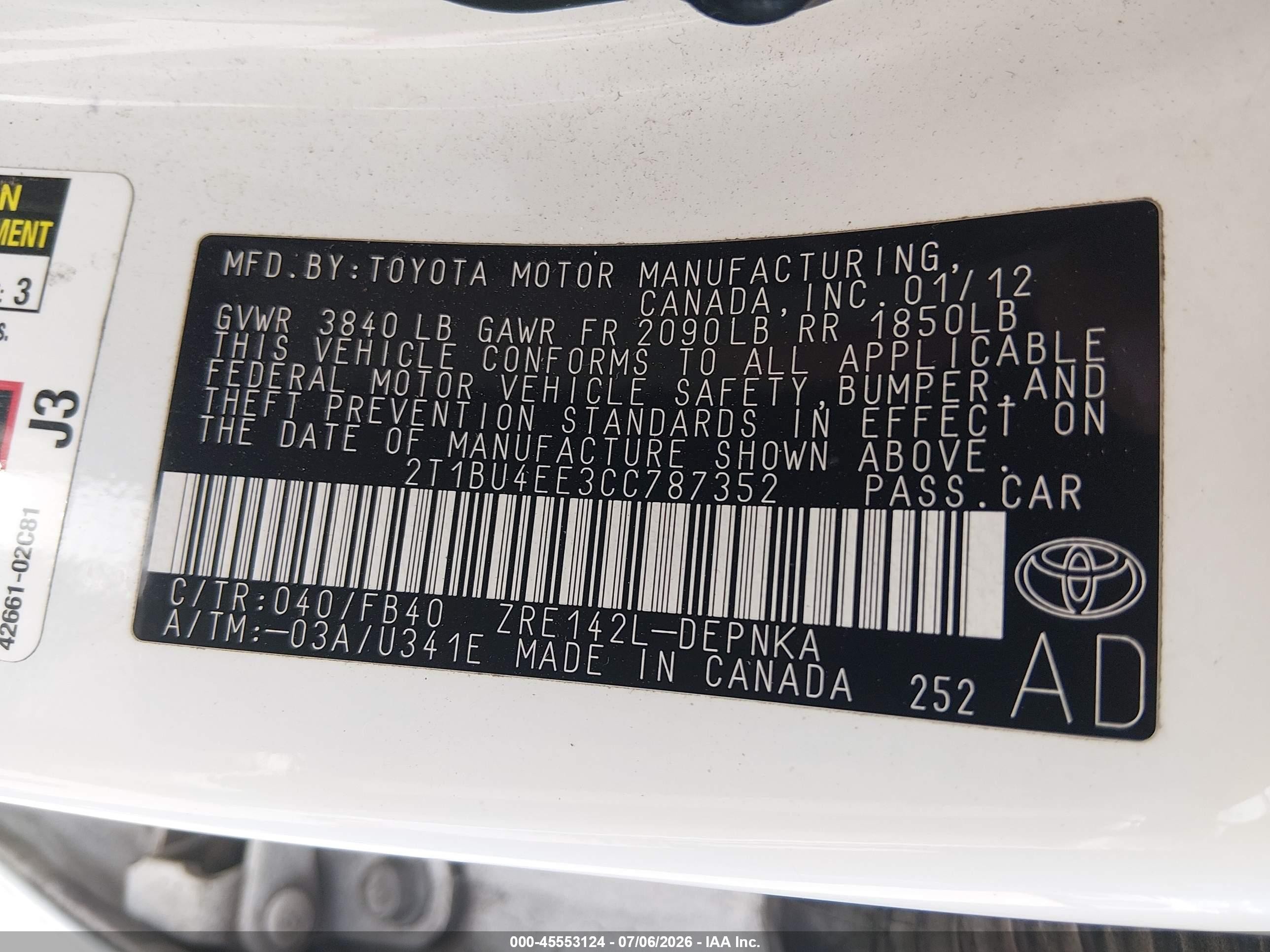 2012 Toyota Corolla Le Белый vin: 2T1BU4EE3CC787352