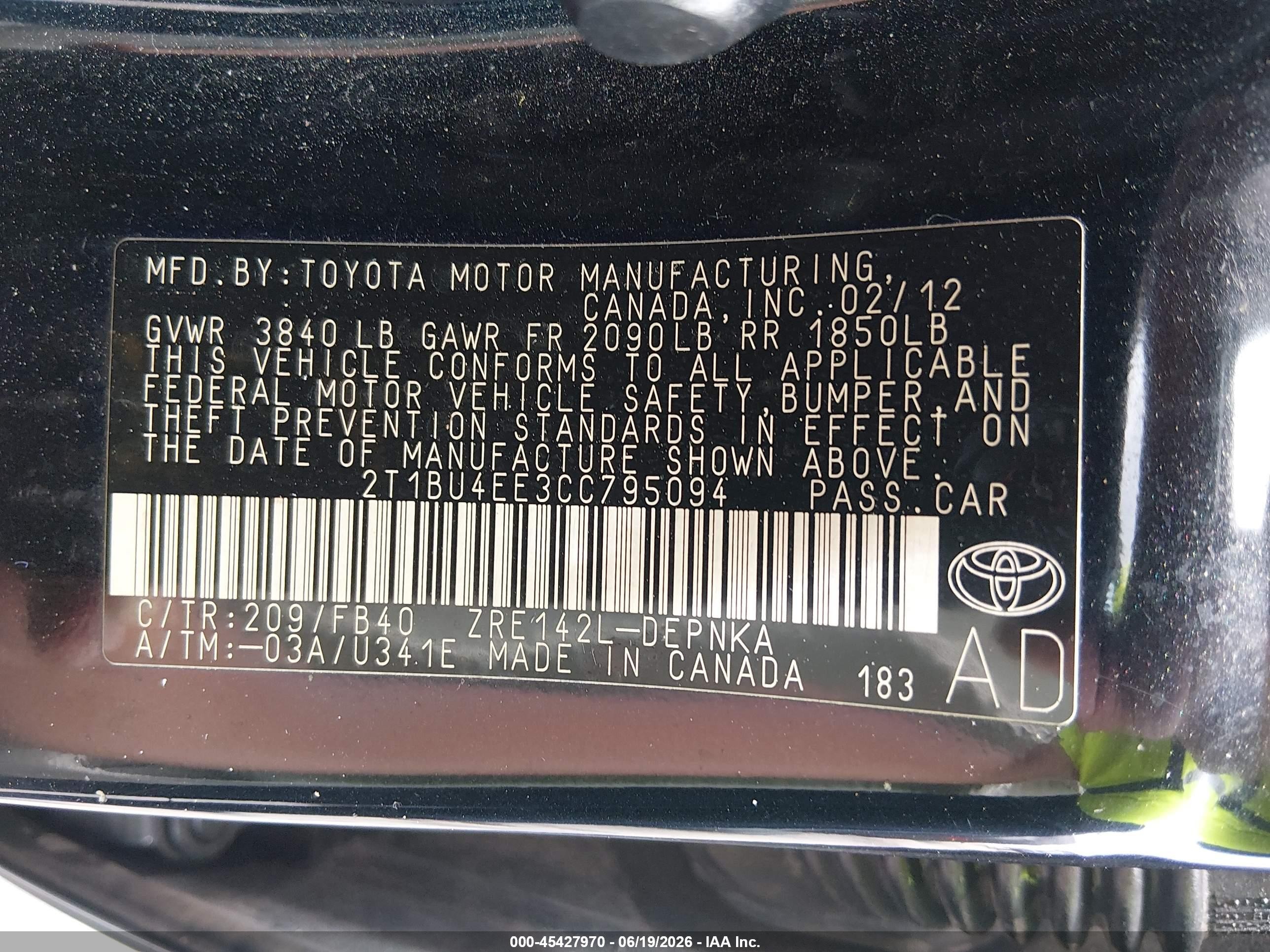 2012 Toyota Corolla Le Black vin: 2T1BU4EE3CC795094