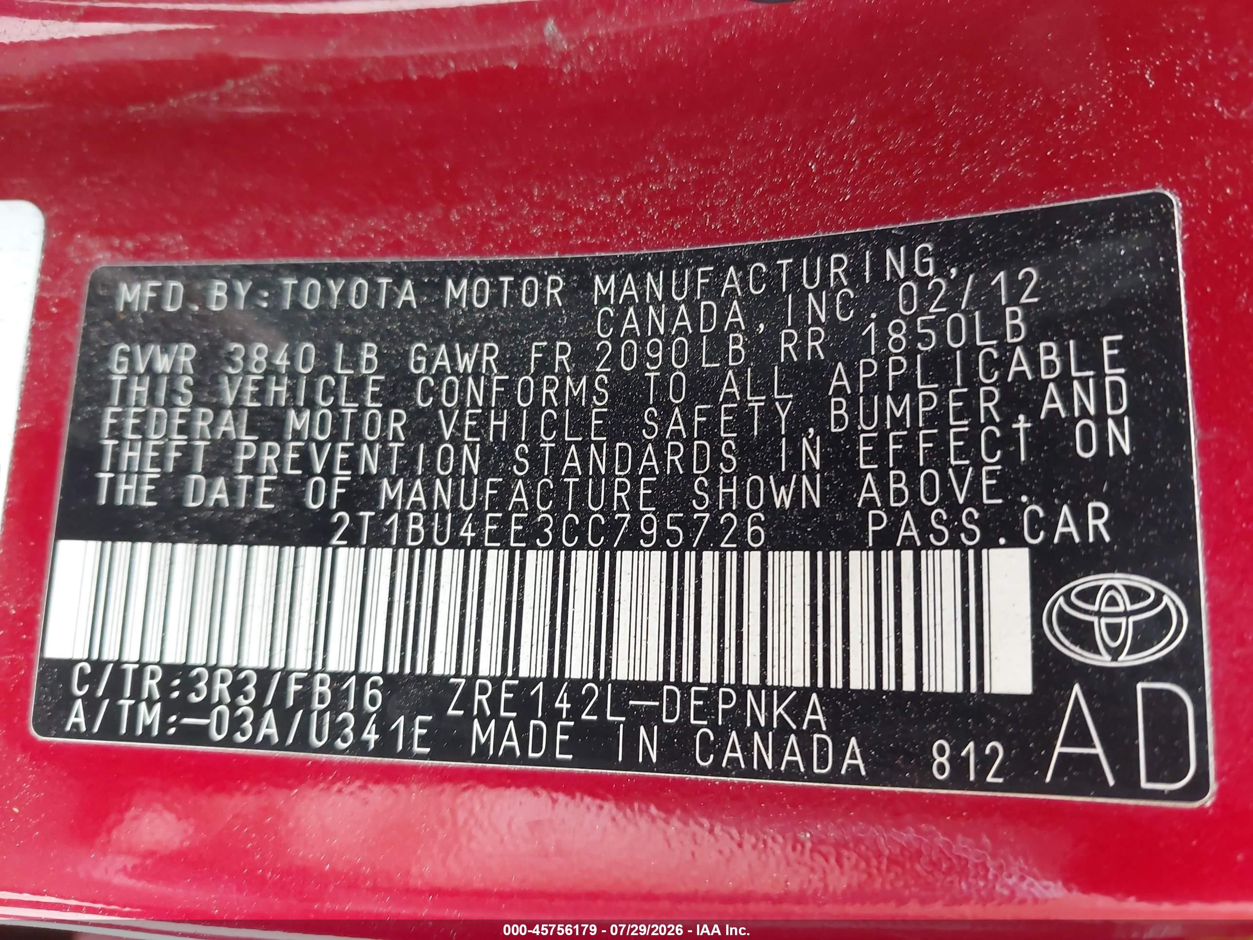 2012 Toyota Corolla Le Red vin: 2T1BU4EE3CC795726