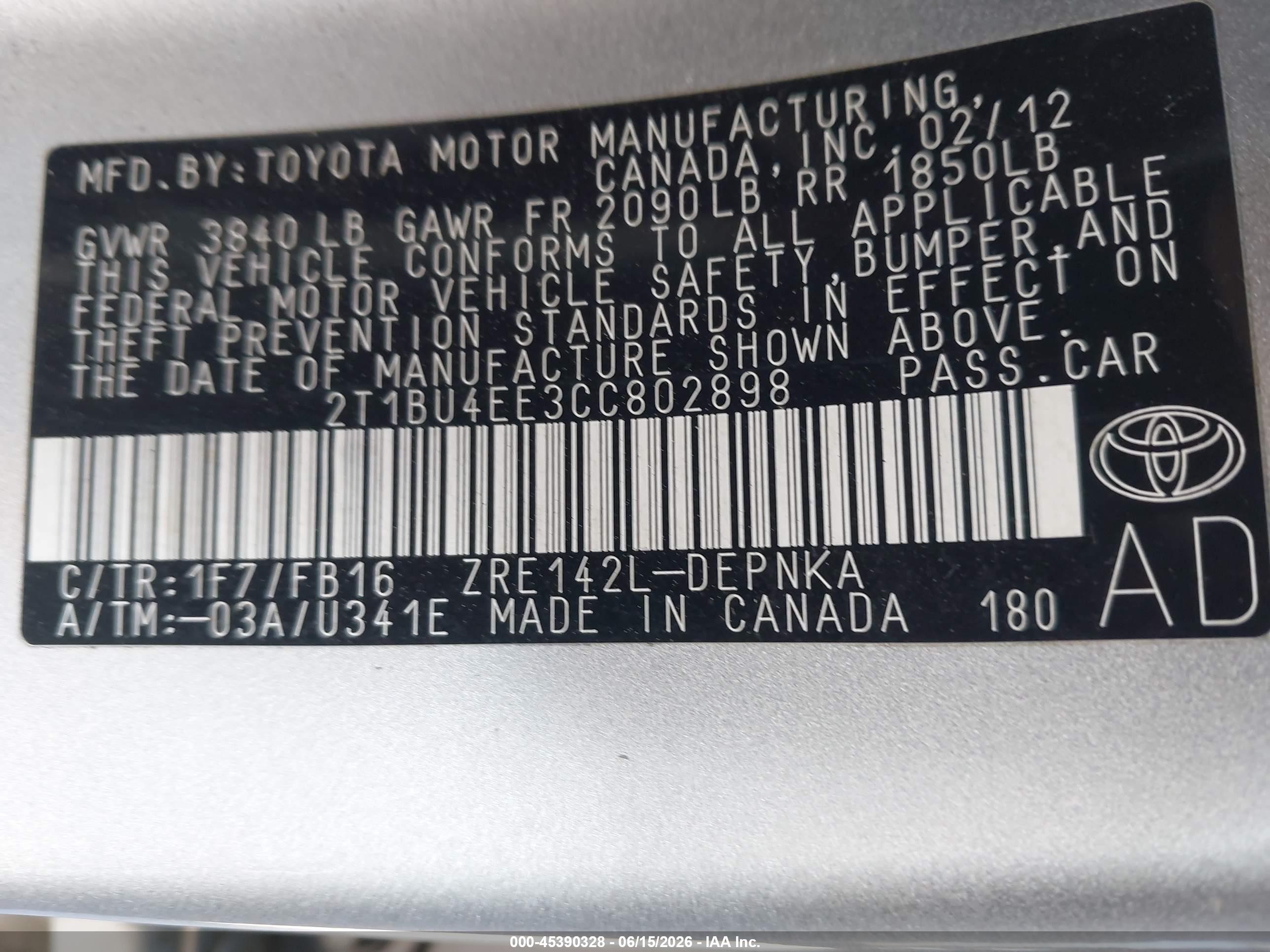 2012 Toyota Corolla Le Silver vin: 2T1BU4EE3CC802898
