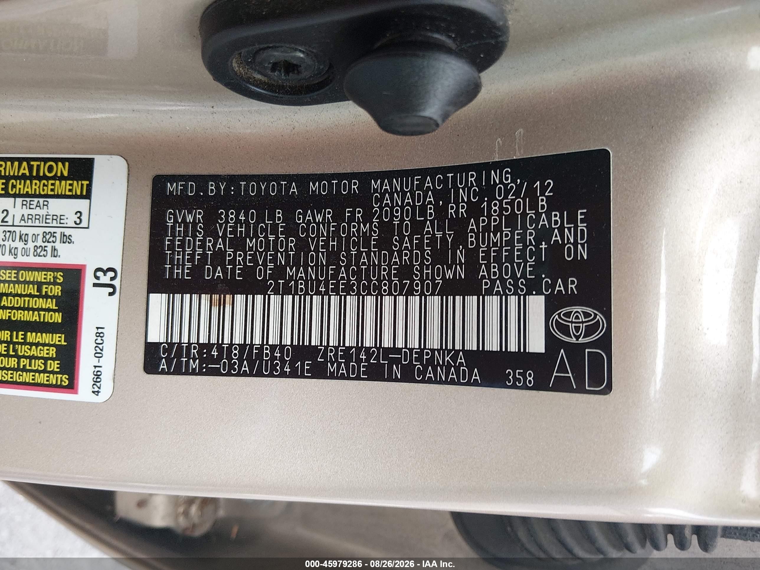 2012 Toyota Corolla Le Champagne vin: 2T1BU4EE3CC807907
