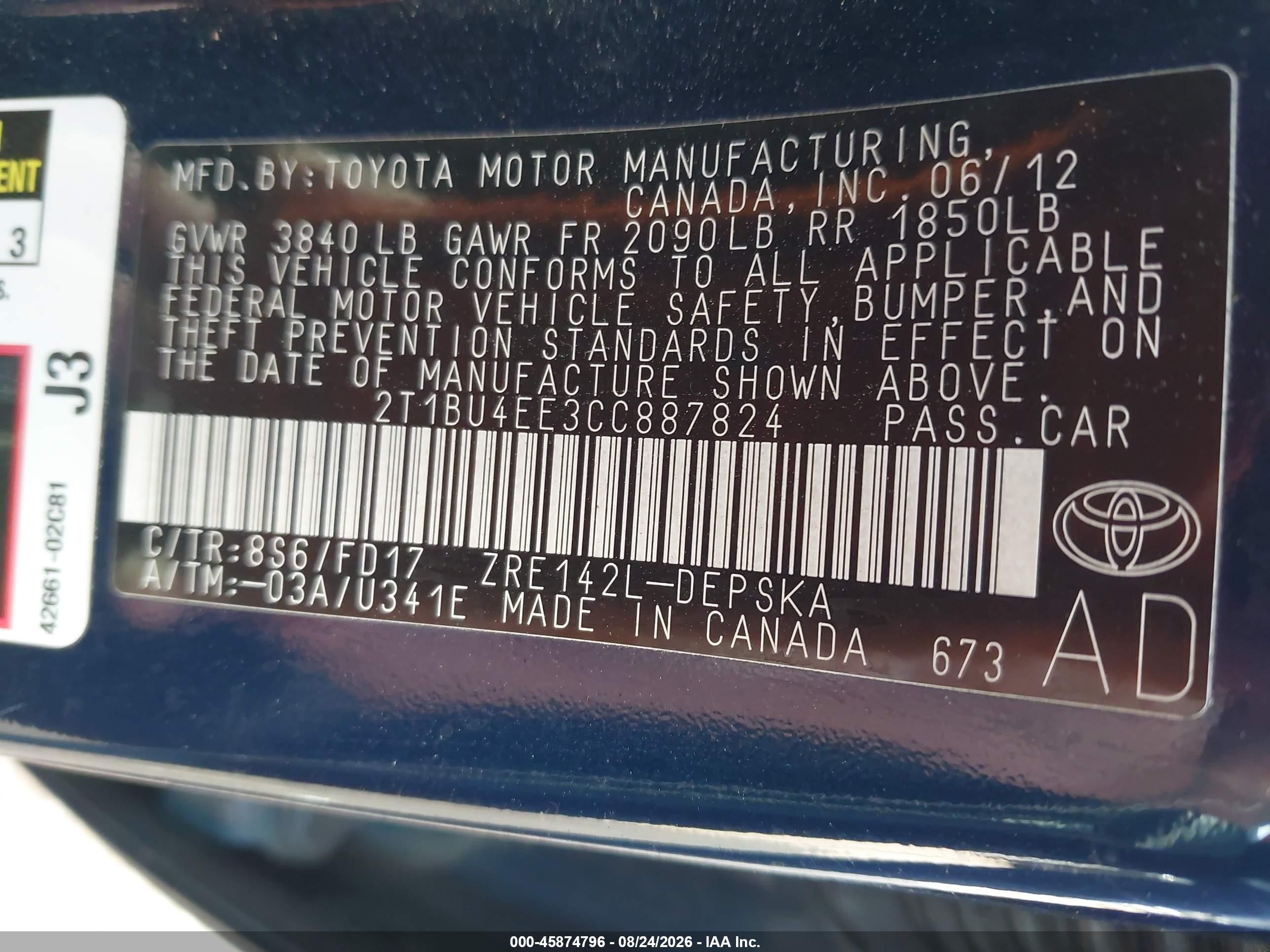 2012 Toyota Corolla S Blue vin: 2T1BU4EE3CC887824