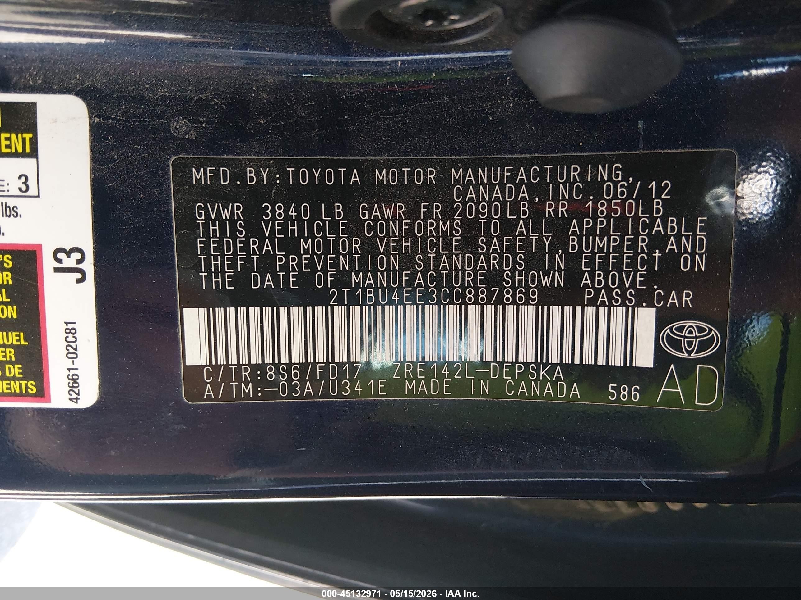2012 Toyota Corolla S Blue vin: 2T1BU4EE3CC887869