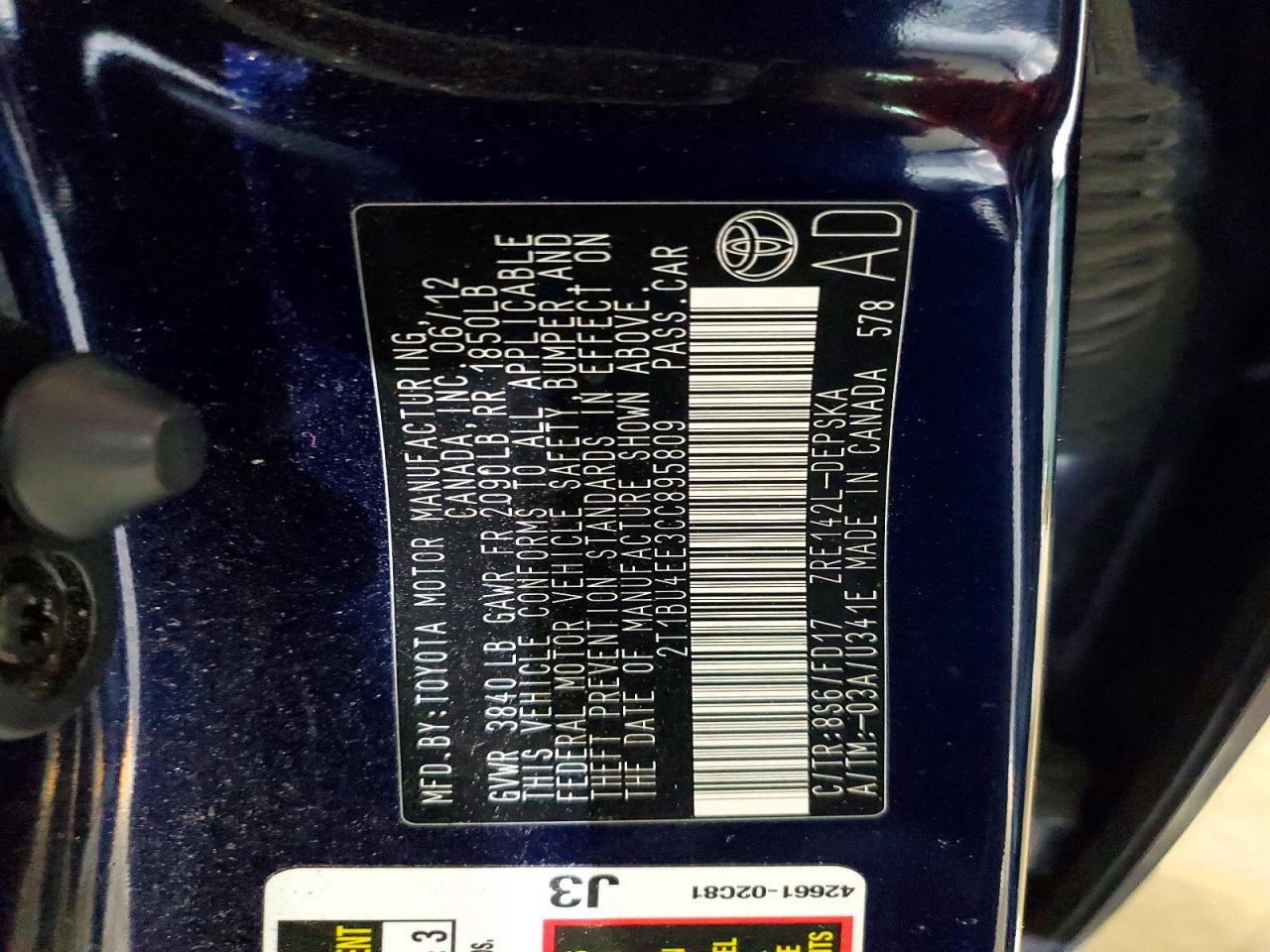 2012 Toyota Corolla Blue vin: 2T1BU4EE3CC895809