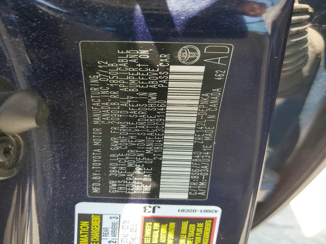 2012 Toyota Corolla Le Blue vin: 2T1BU4EE3CC911460