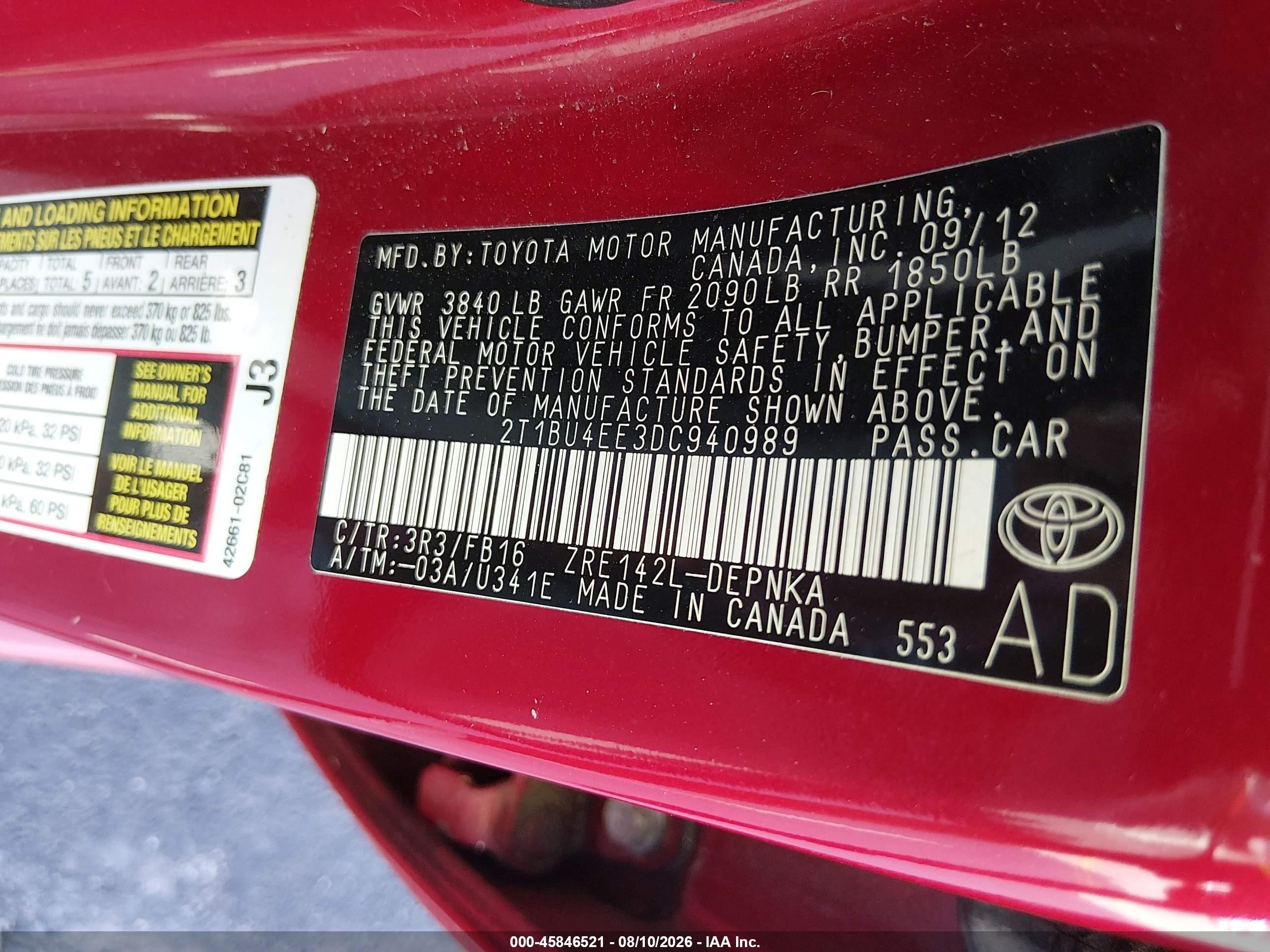 2013 Toyota Corolla Le Red vin: 2T1BU4EE3DC940989