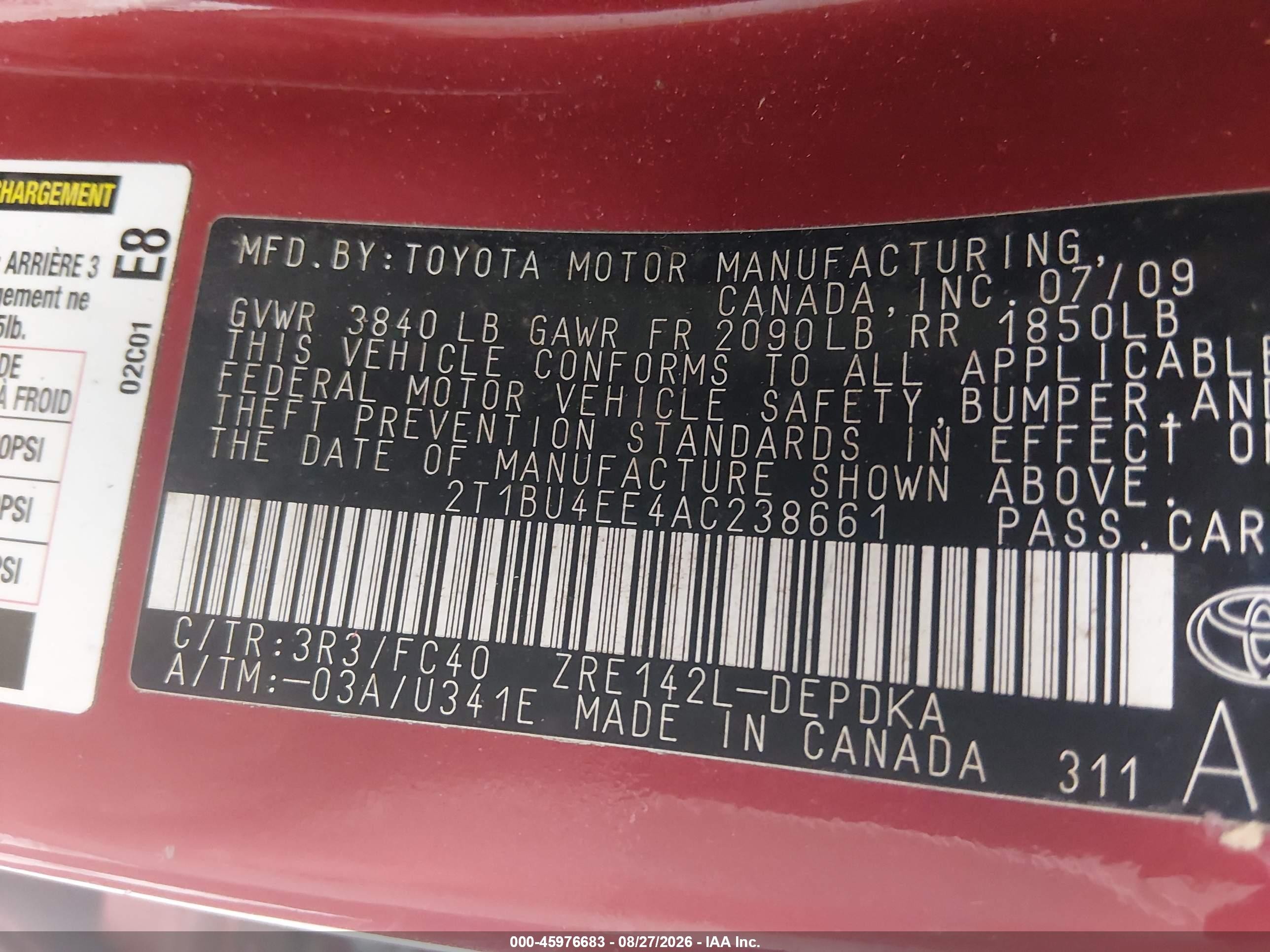 2010 Toyota Corolla Le Red vin: 2T1BU4EE4AC238661