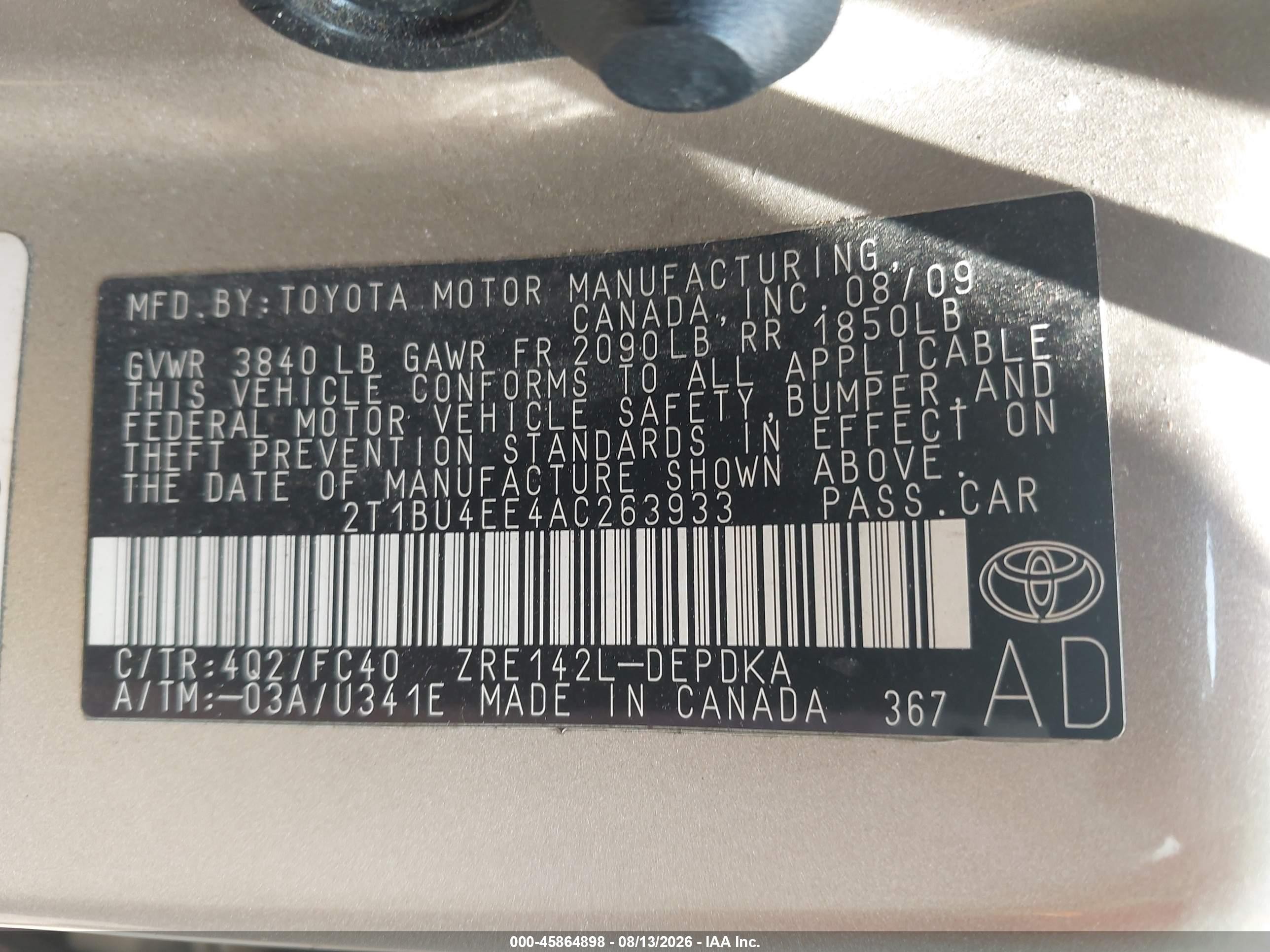 2010 Toyota Corolla Le Gold vin: 2T1BU4EE4AC263933