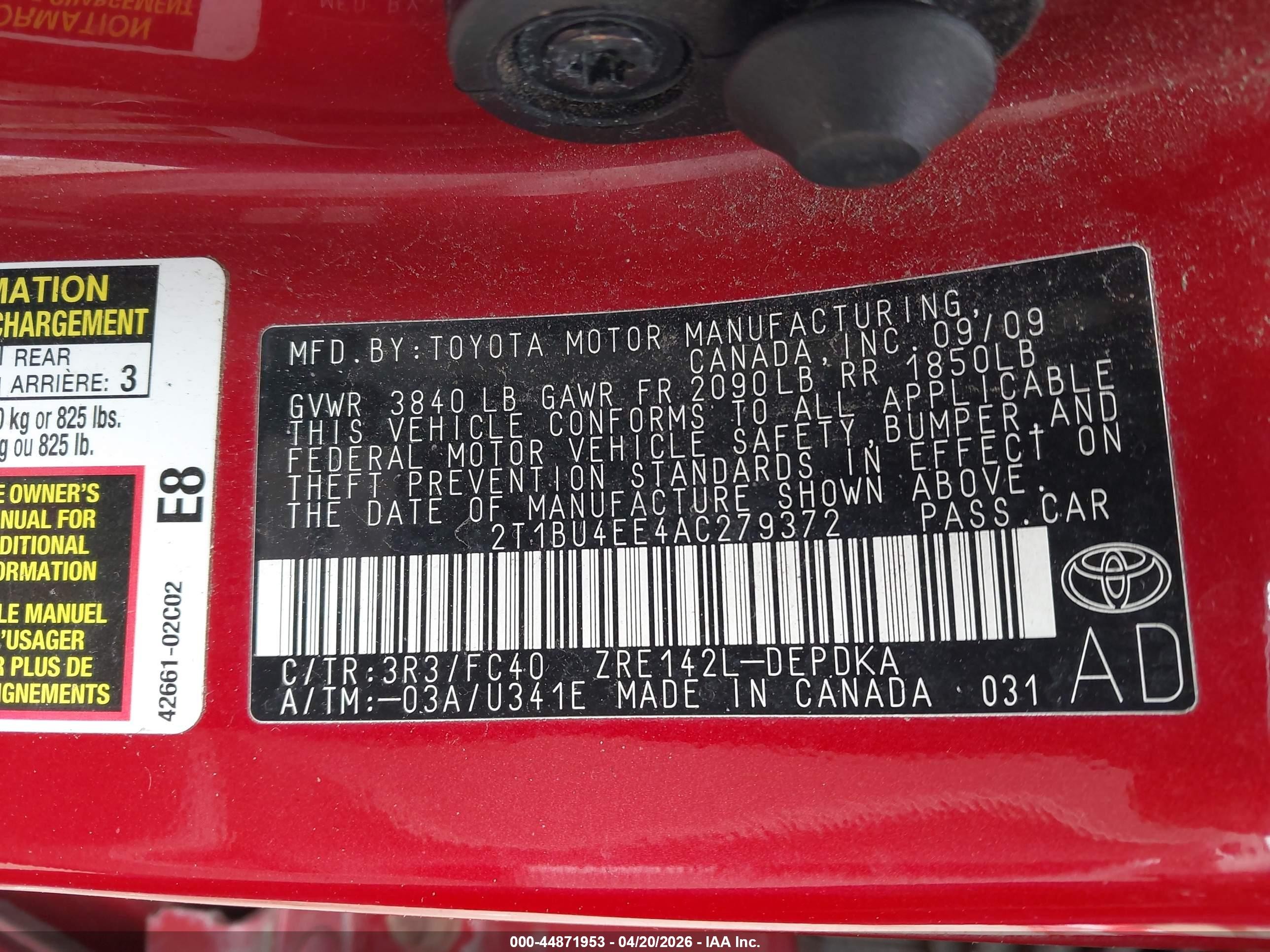 2010 Toyota Corolla Le Red vin: 2T1BU4EE4AC279372