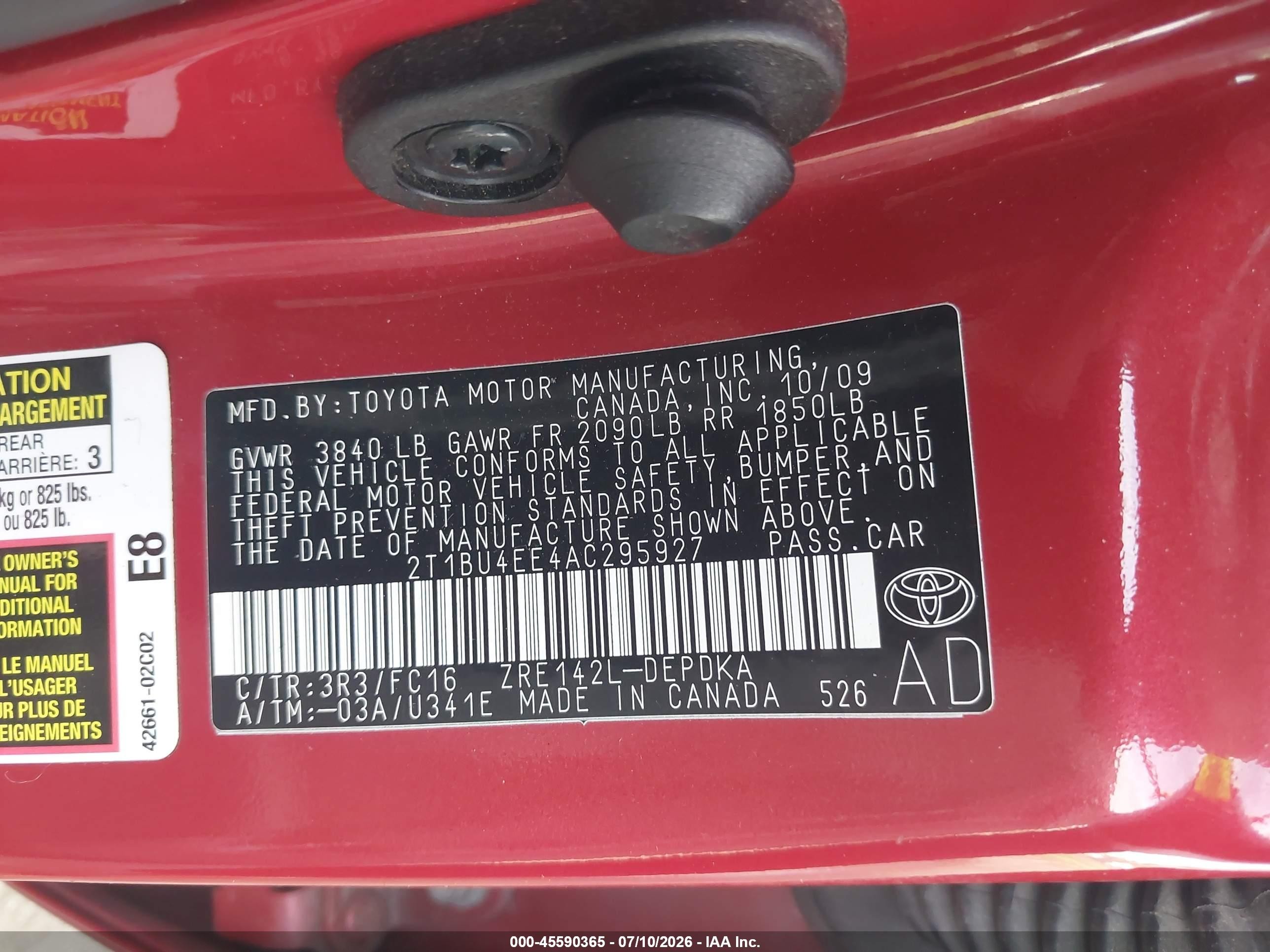 2010 Toyota Corolla Le Red vin: 2T1BU4EE4AC295927