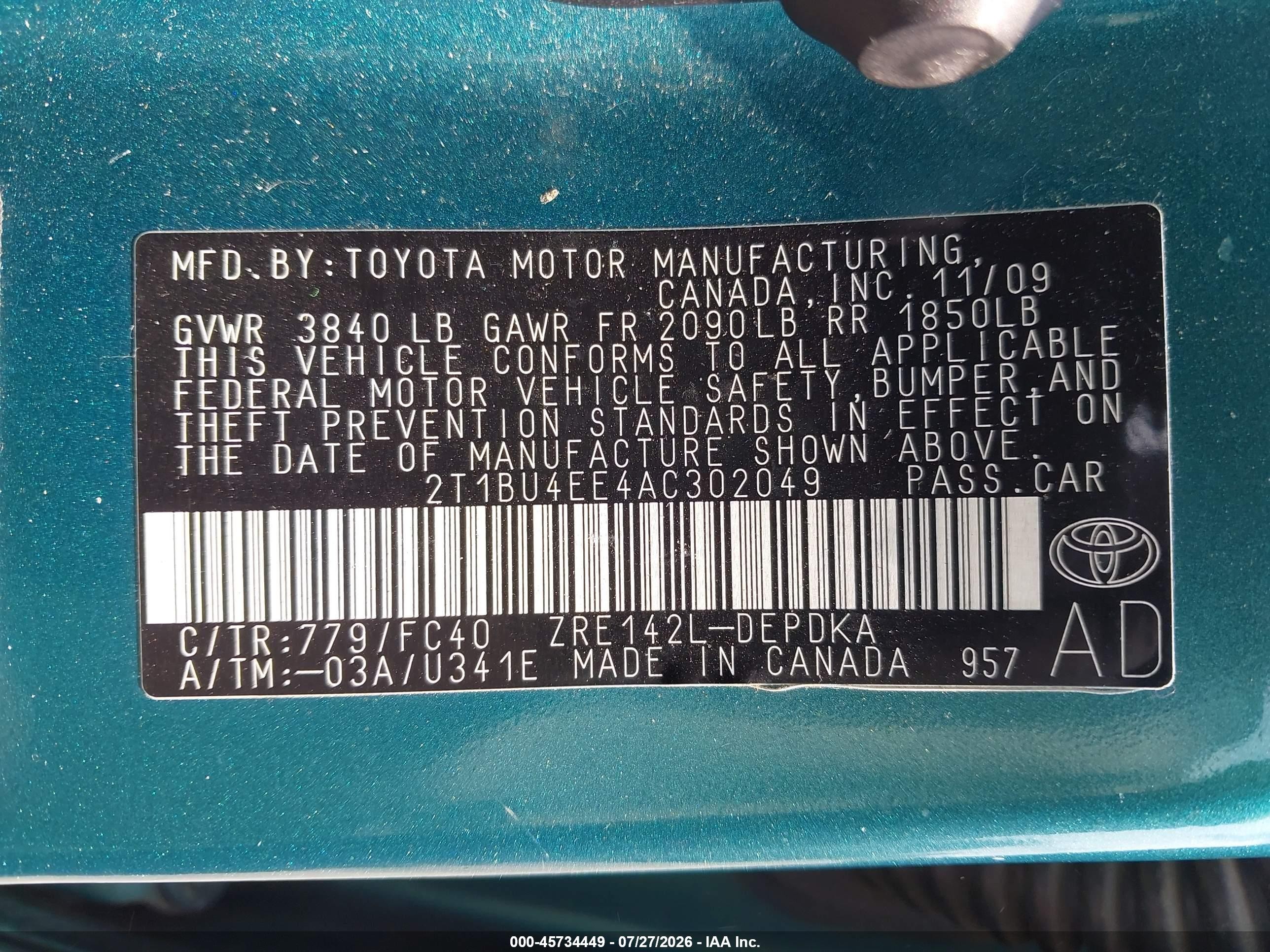 2010 Toyota Corolla Le Turquoise vin: 2T1BU4EE4AC302049
