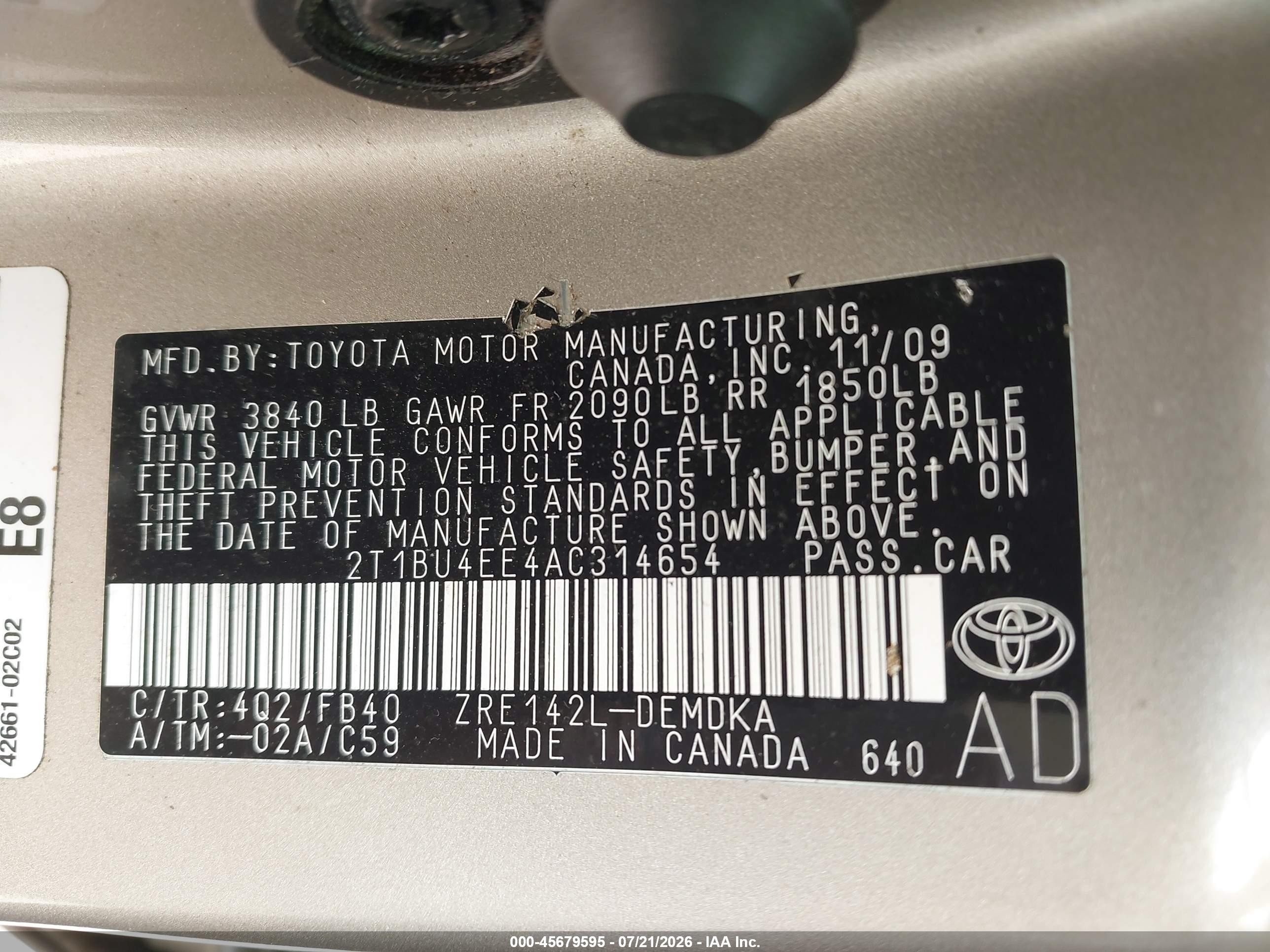 2010 Toyota Corolla Tan vin: 2T1BU4EE4AC314654