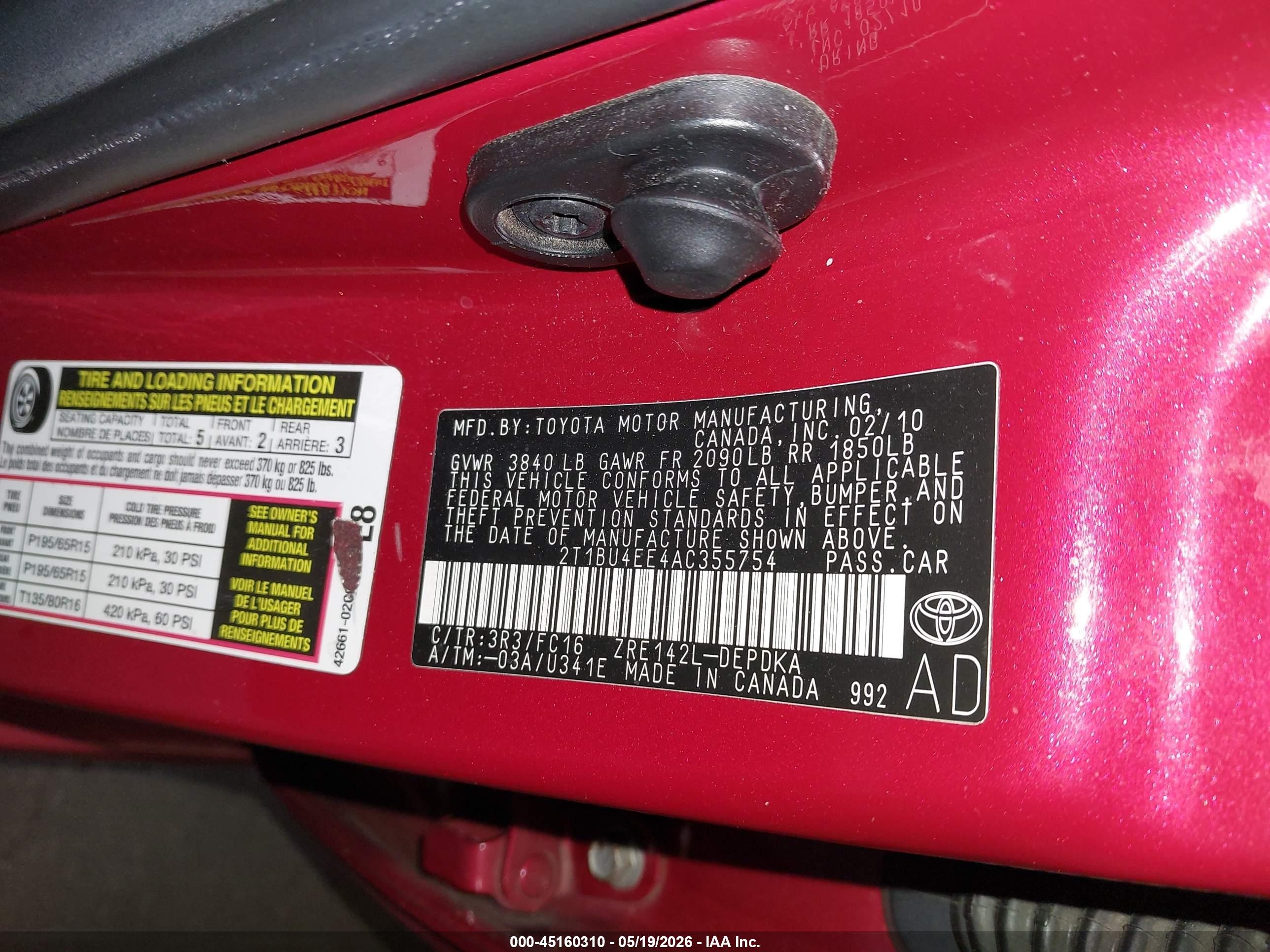 2010 Toyota Corolla Le Red vin: 2T1BU4EE4AC355754