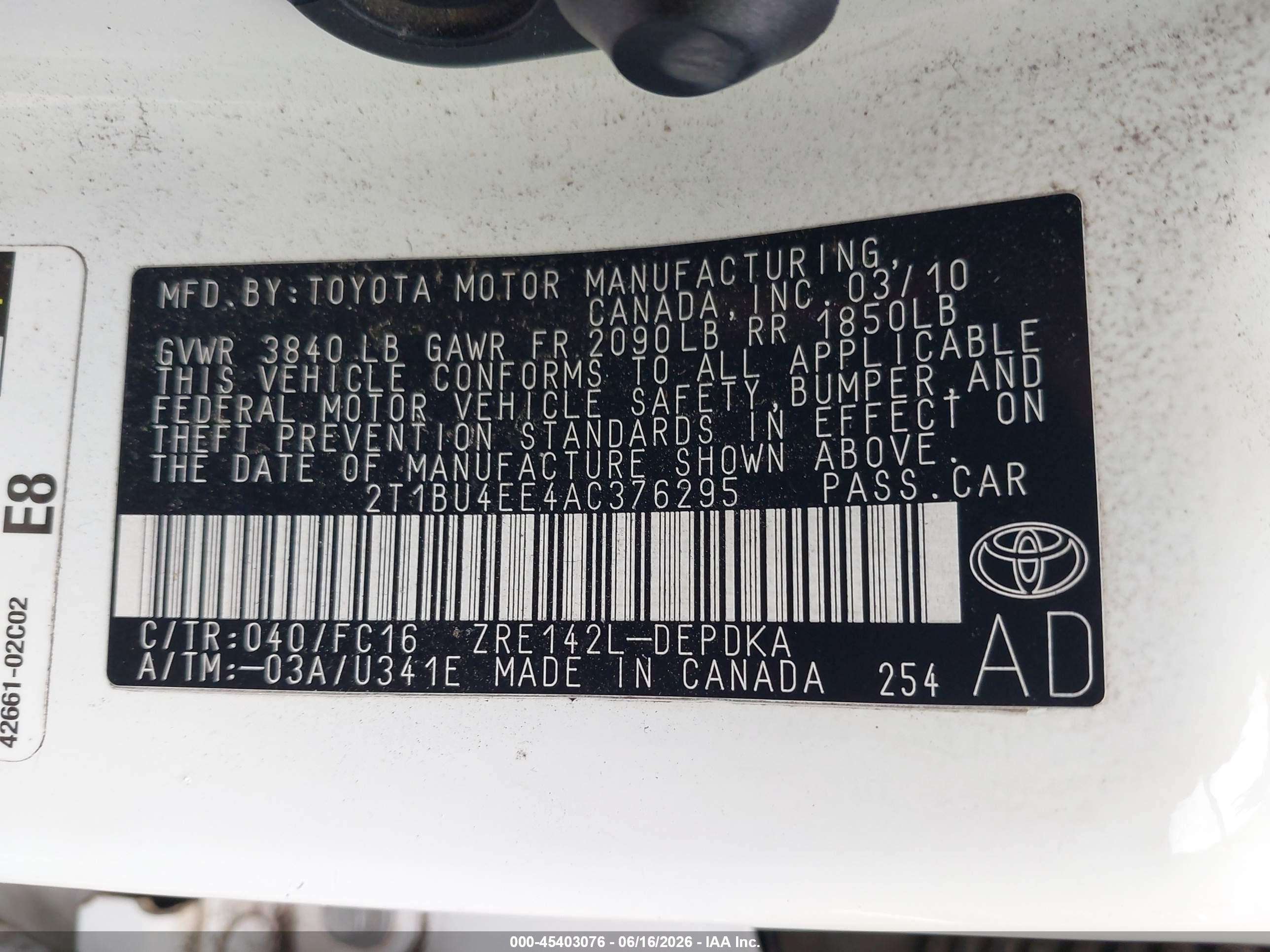 2010 Toyota Corolla Le White vin: 2T1BU4EE4AC376295