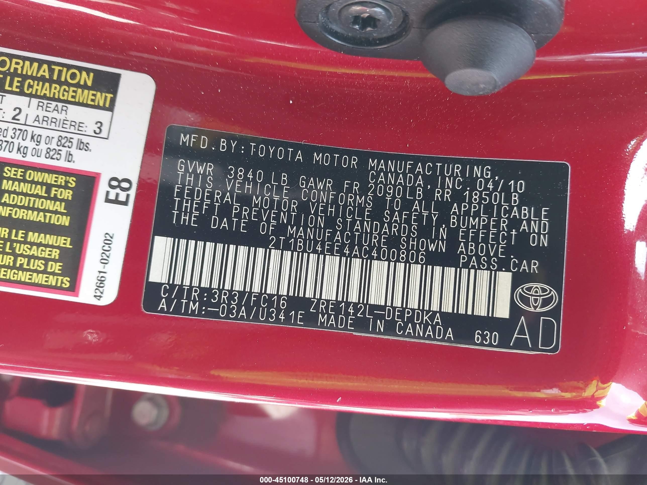 2010 Toyota Corolla Le Red vin: 2T1BU4EE4AC400806