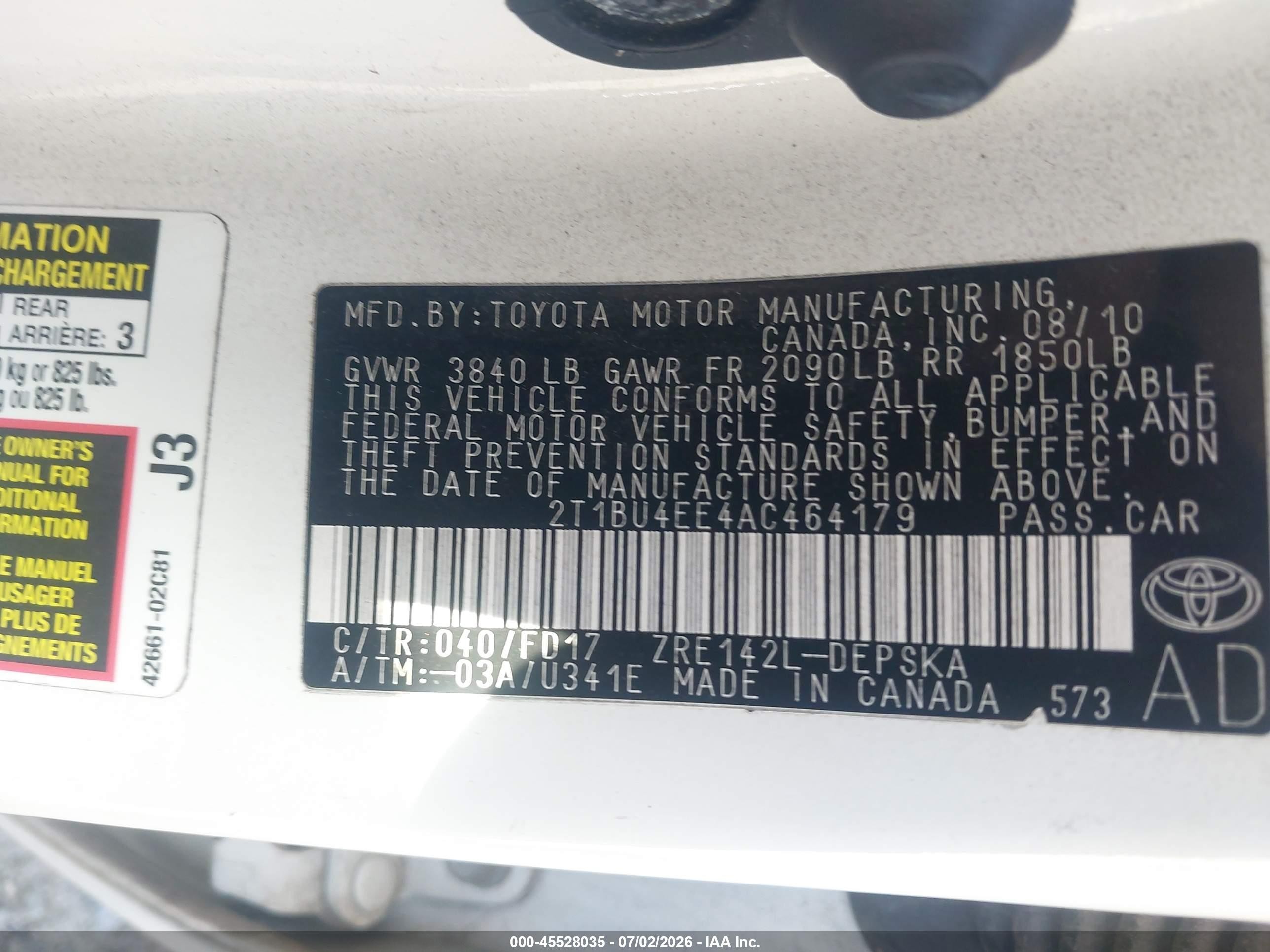 2010 Toyota Corolla S White vin: 2T1BU4EE4AC464179