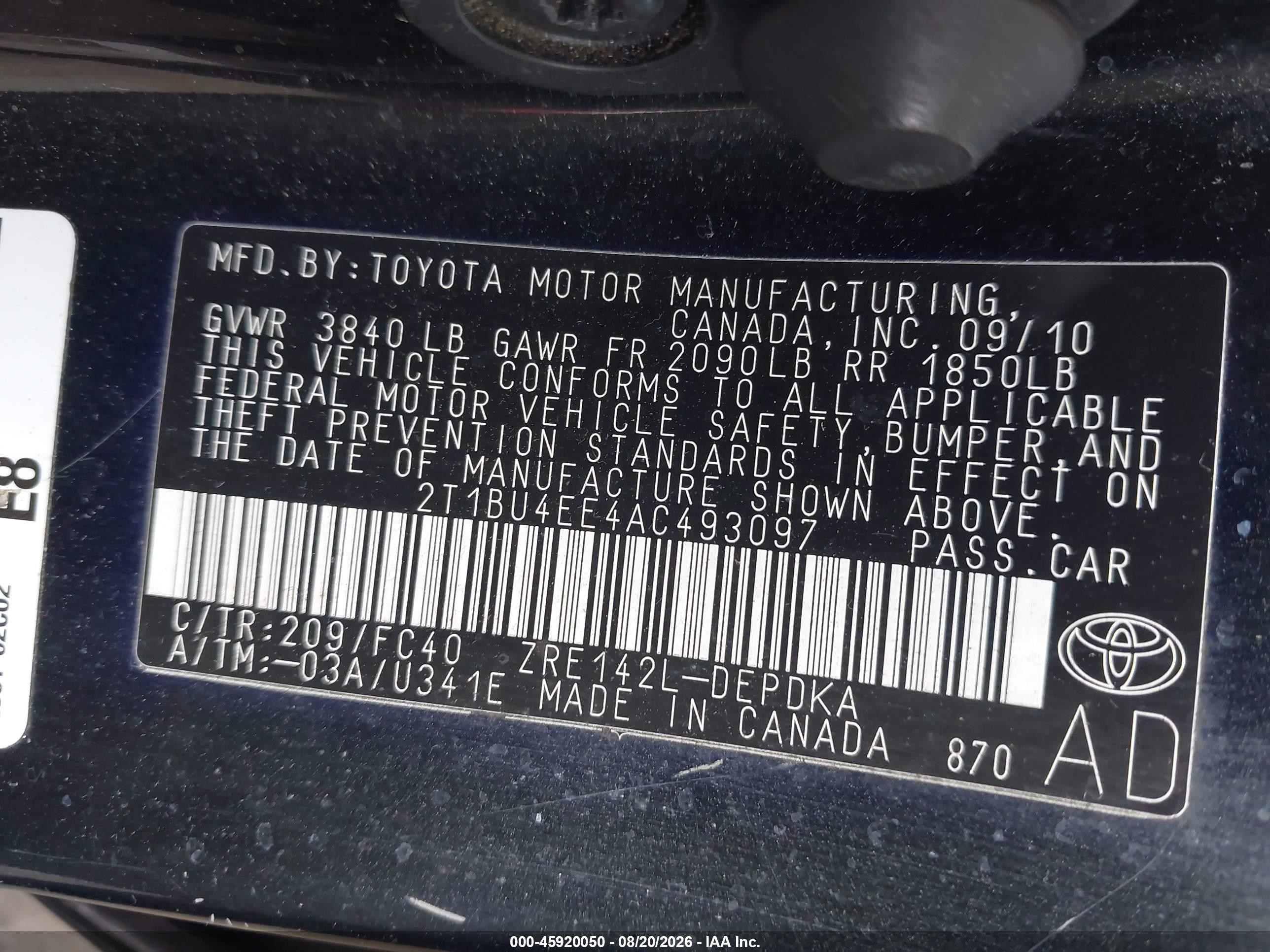 2010 Toyota Corolla Le Black vin: 2T1BU4EE4AC493097