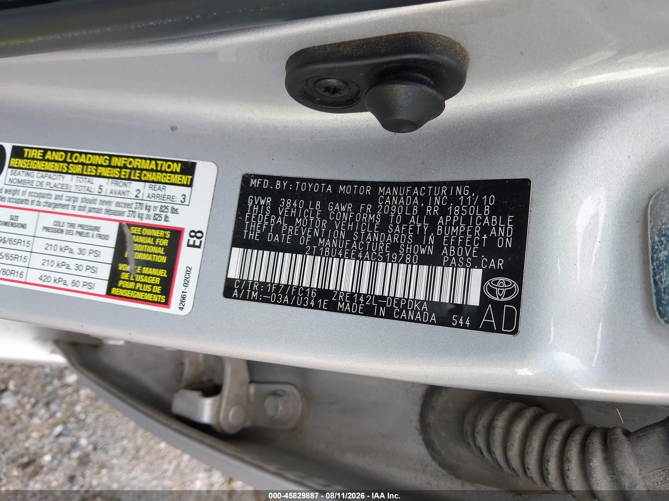 2010 Toyota Corolla Le Silver vin: 2T1BU4EE4AC519780