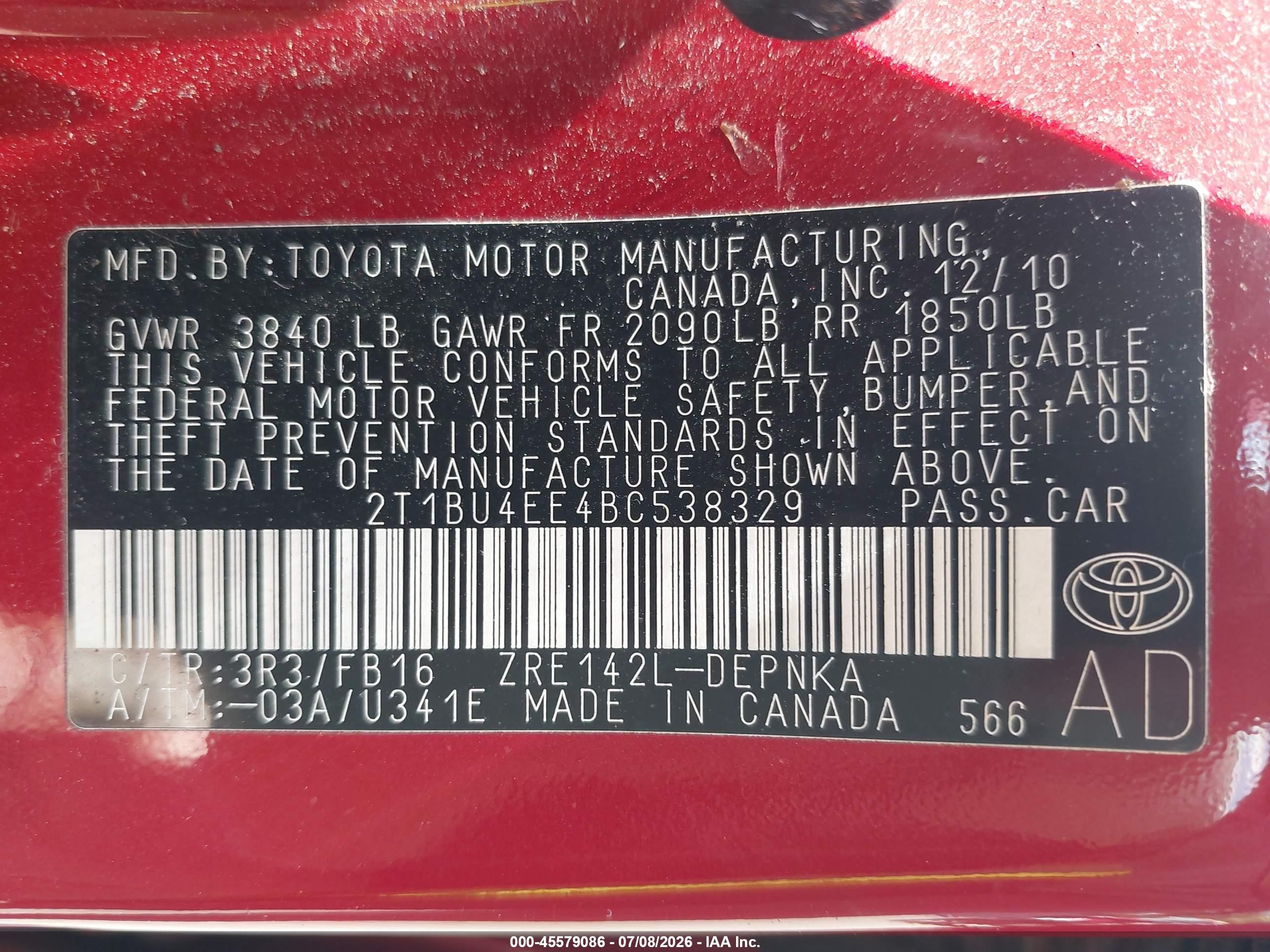 2011 Toyota Corolla Le Красный vin: 2T1BU4EE4BC538329