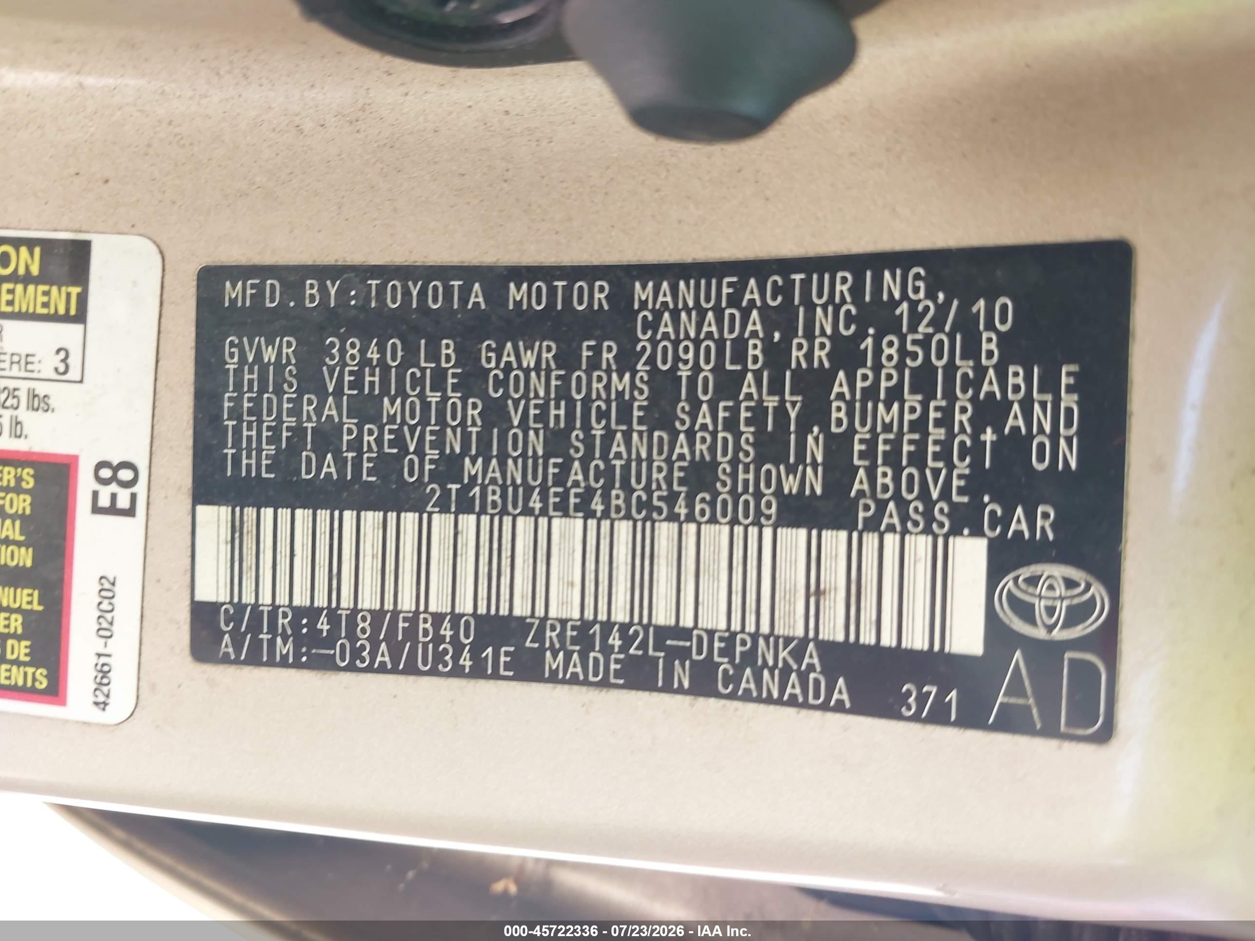 2011 Toyota Corolla Le Gold vin: 2T1BU4EE4BC546009