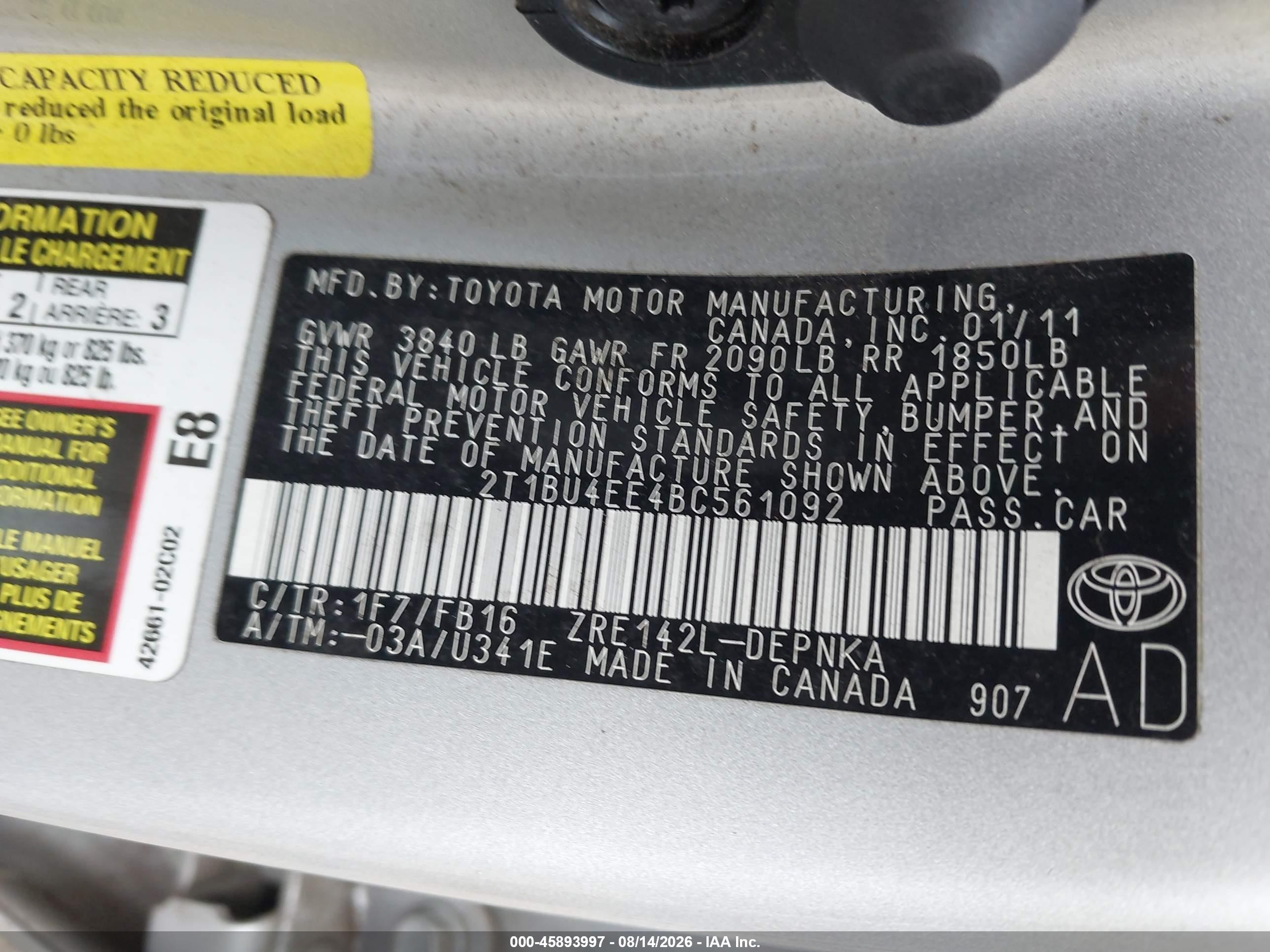2011 Toyota Corolla Le Silver vin: 2T1BU4EE4BC561092