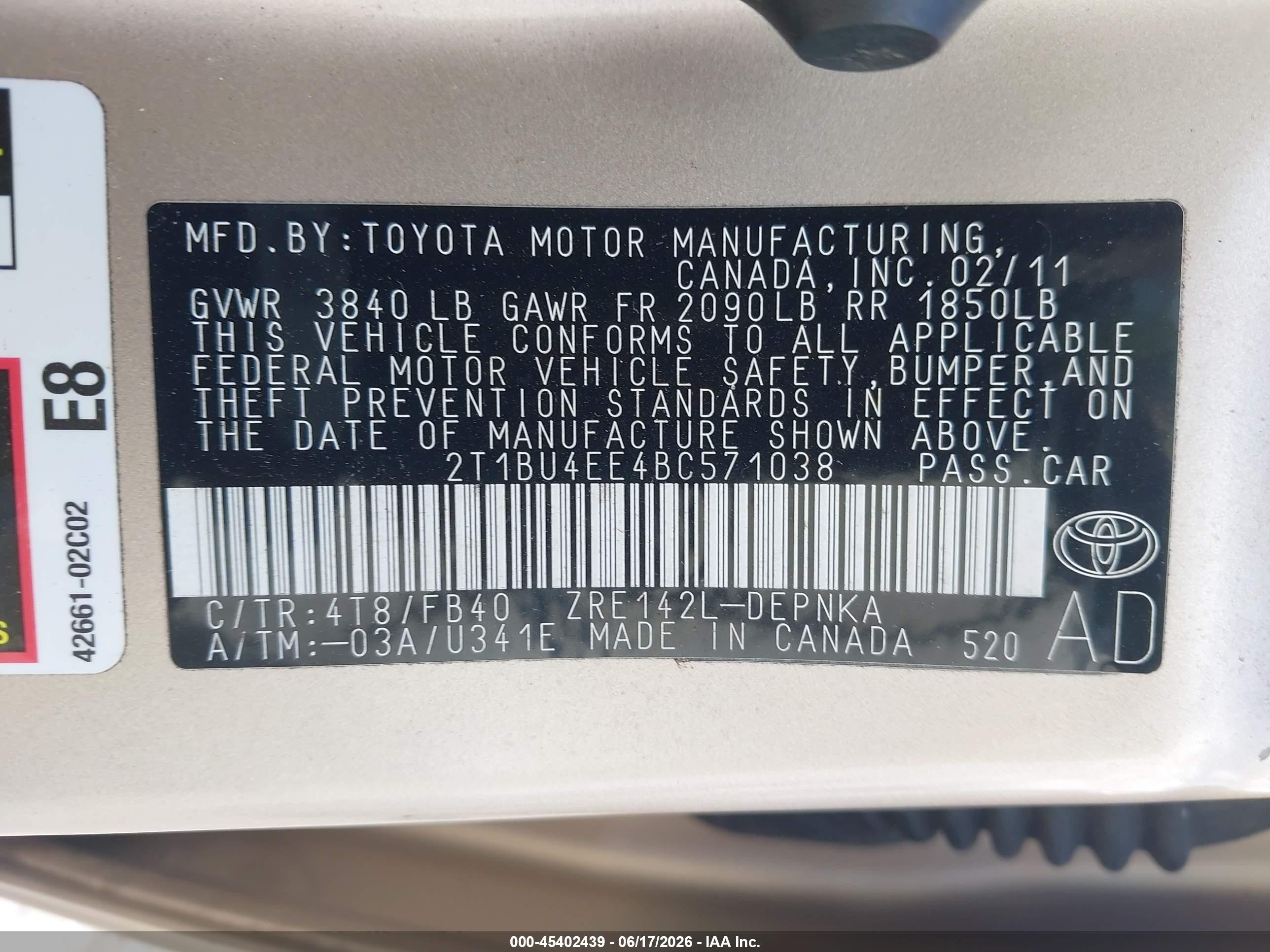 2011 Toyota Corolla Le Gold vin: 2T1BU4EE4BC571038