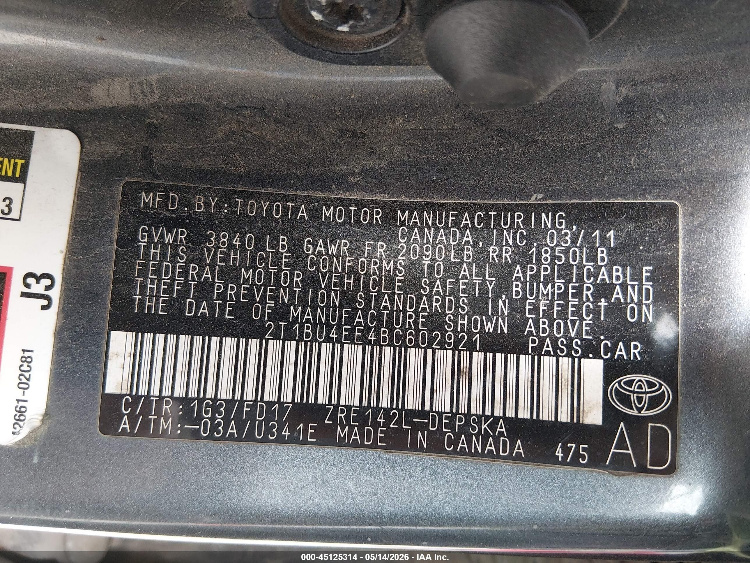 2011 Toyota Corolla S Gray vin: 2T1BU4EE4BC602921