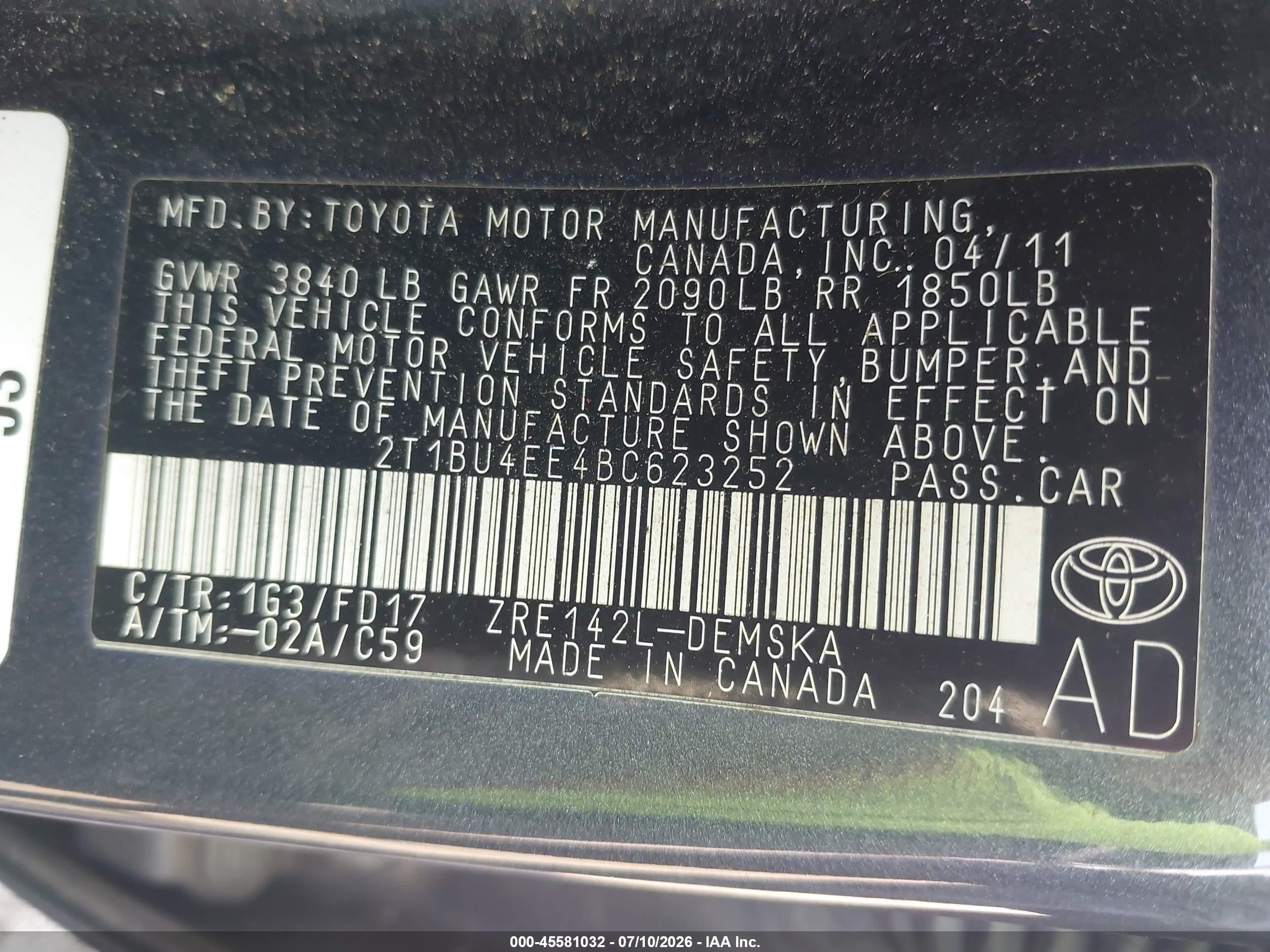 2011 Toyota Corolla S/le Серый vin: 2T1BU4EE4BC623252