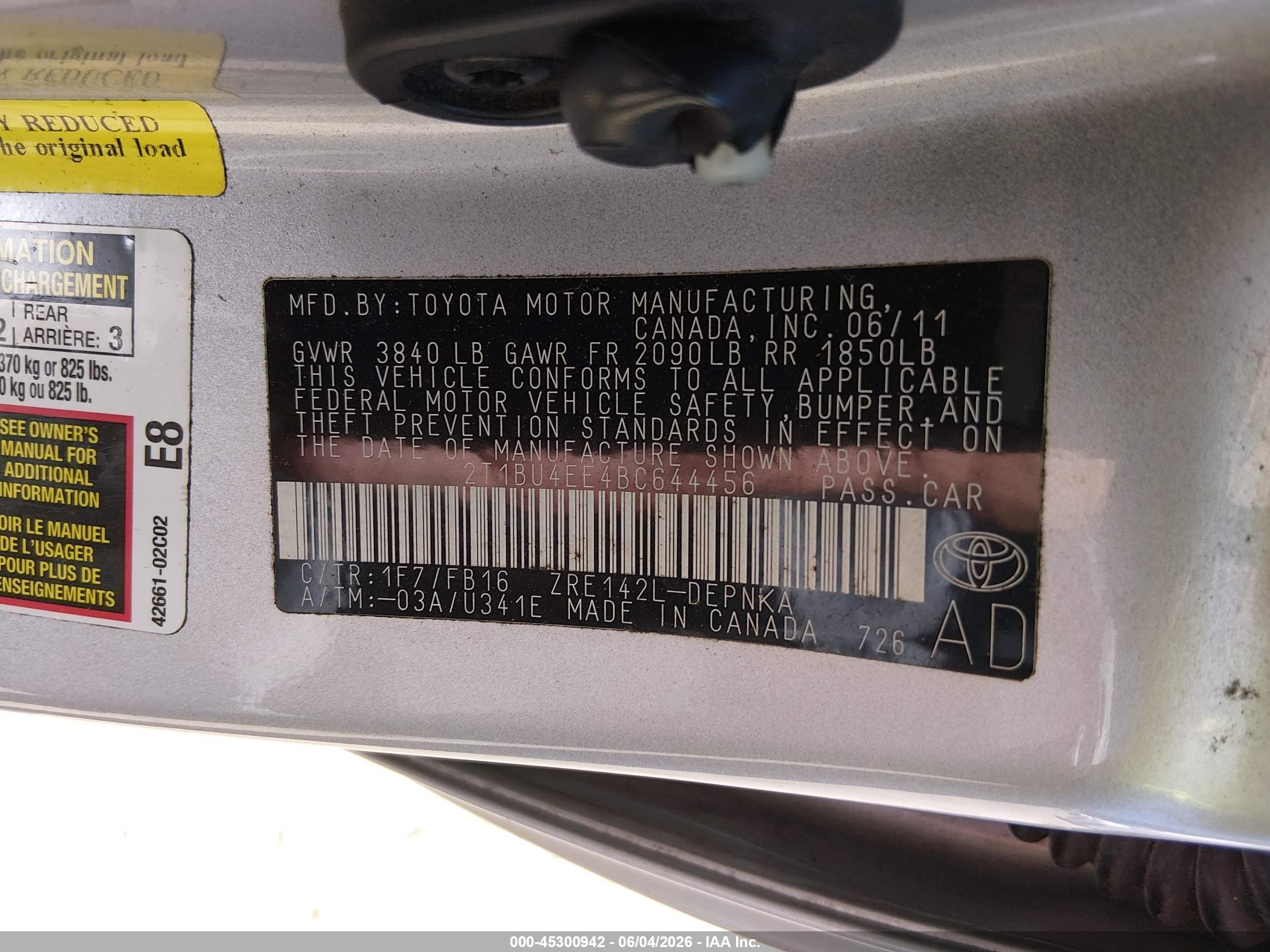 2011 Toyota Corolla Le Silver vin: 2T1BU4EE4BC644456