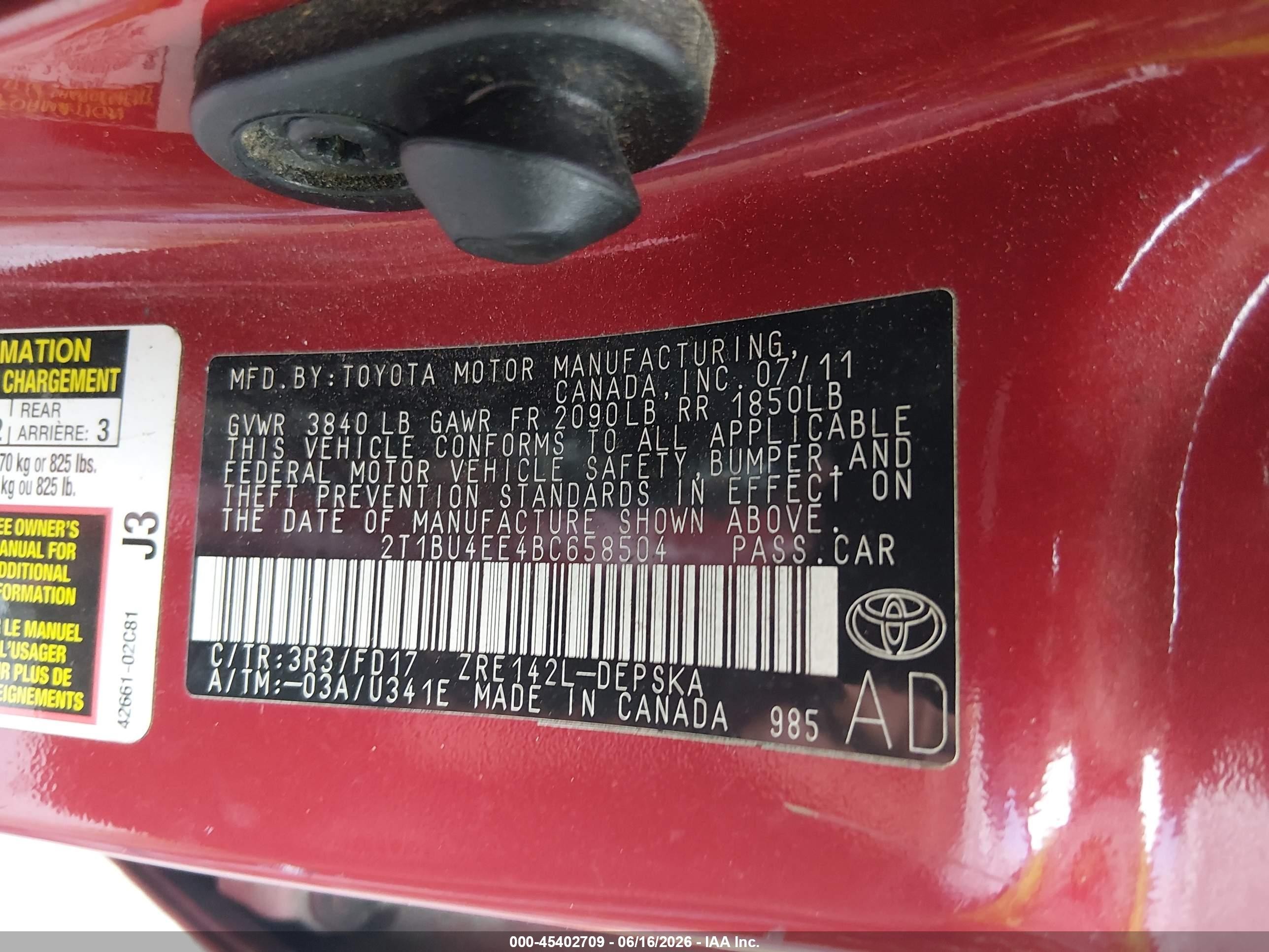 2011 Toyota Corolla S Red vin: 2T1BU4EE4BC658504