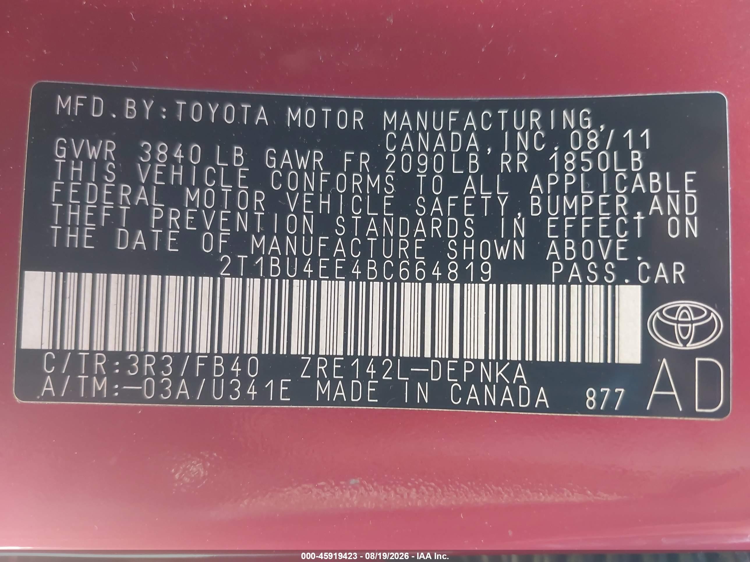 2011 Toyota Corolla Le Red vin: 2T1BU4EE4BC664819