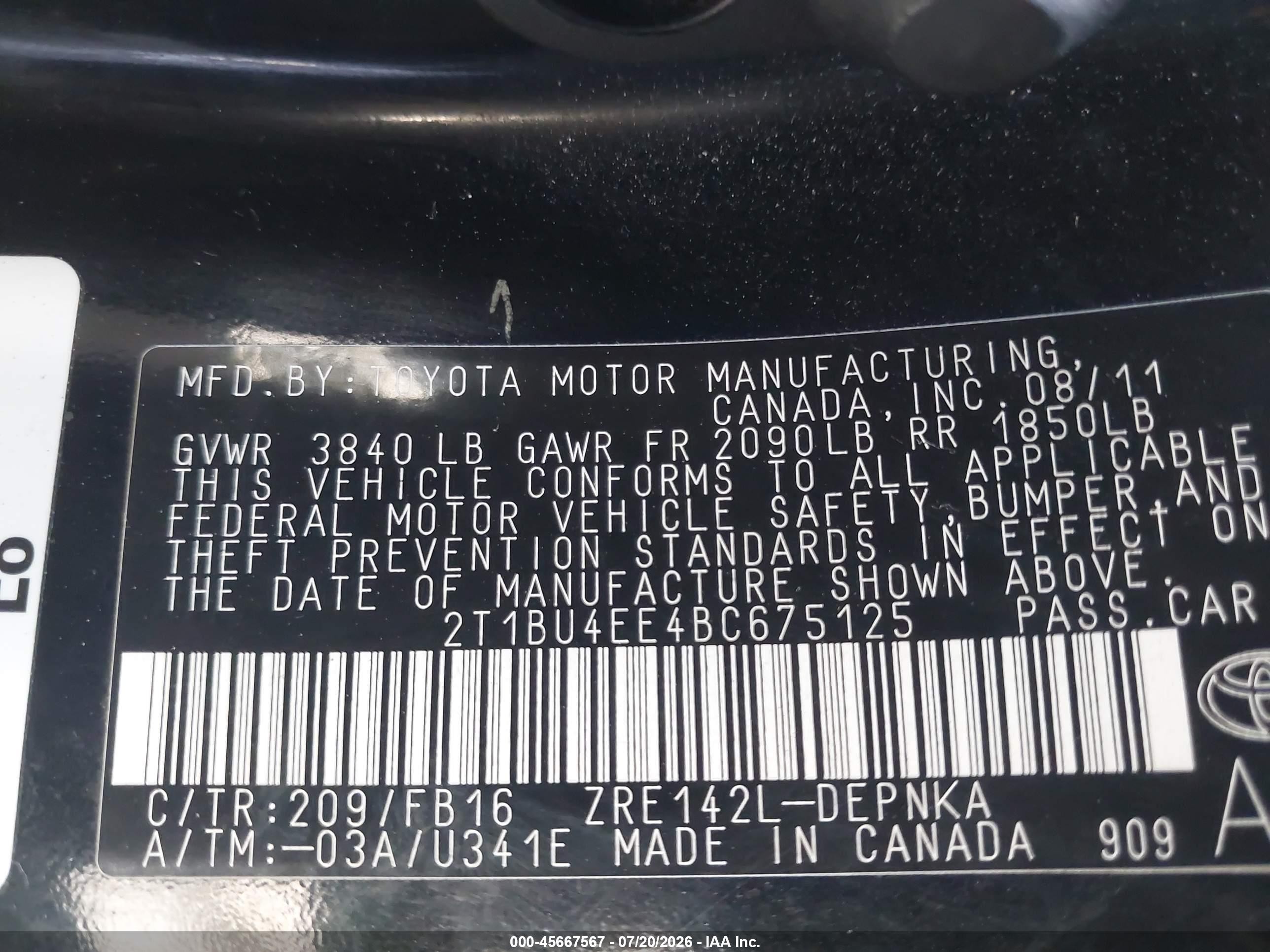 2011 Toyota Corolla Le Black vin: 2T1BU4EE4BC675125