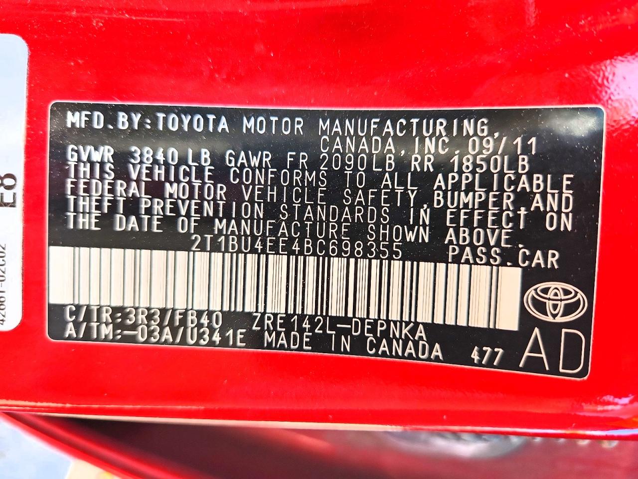 2011 Toyota Corolla Le Red vin: 2T1BU4EE4BC698355