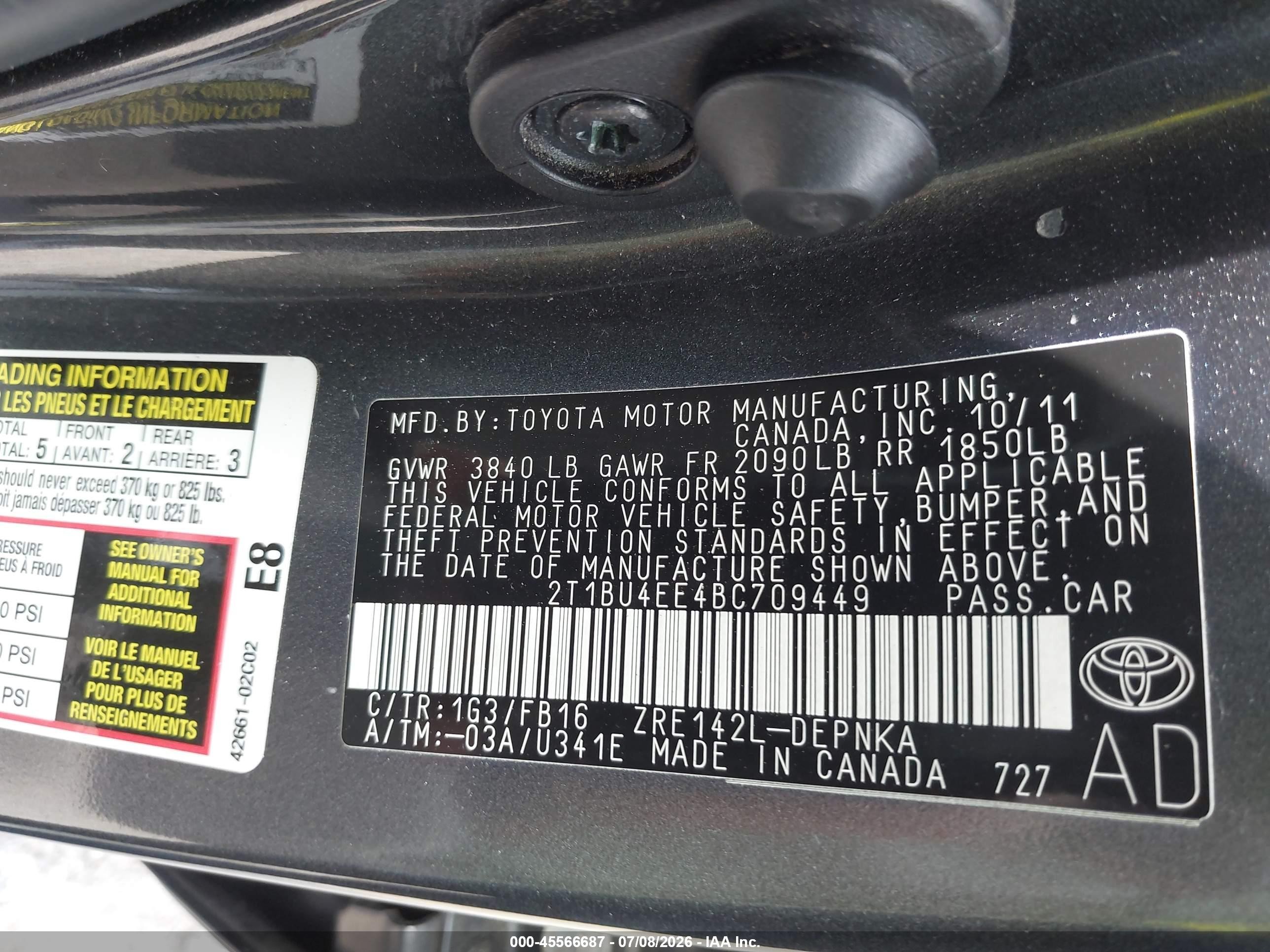 2011 Toyota Corolla Le Gray vin: 2T1BU4EE4BC709449