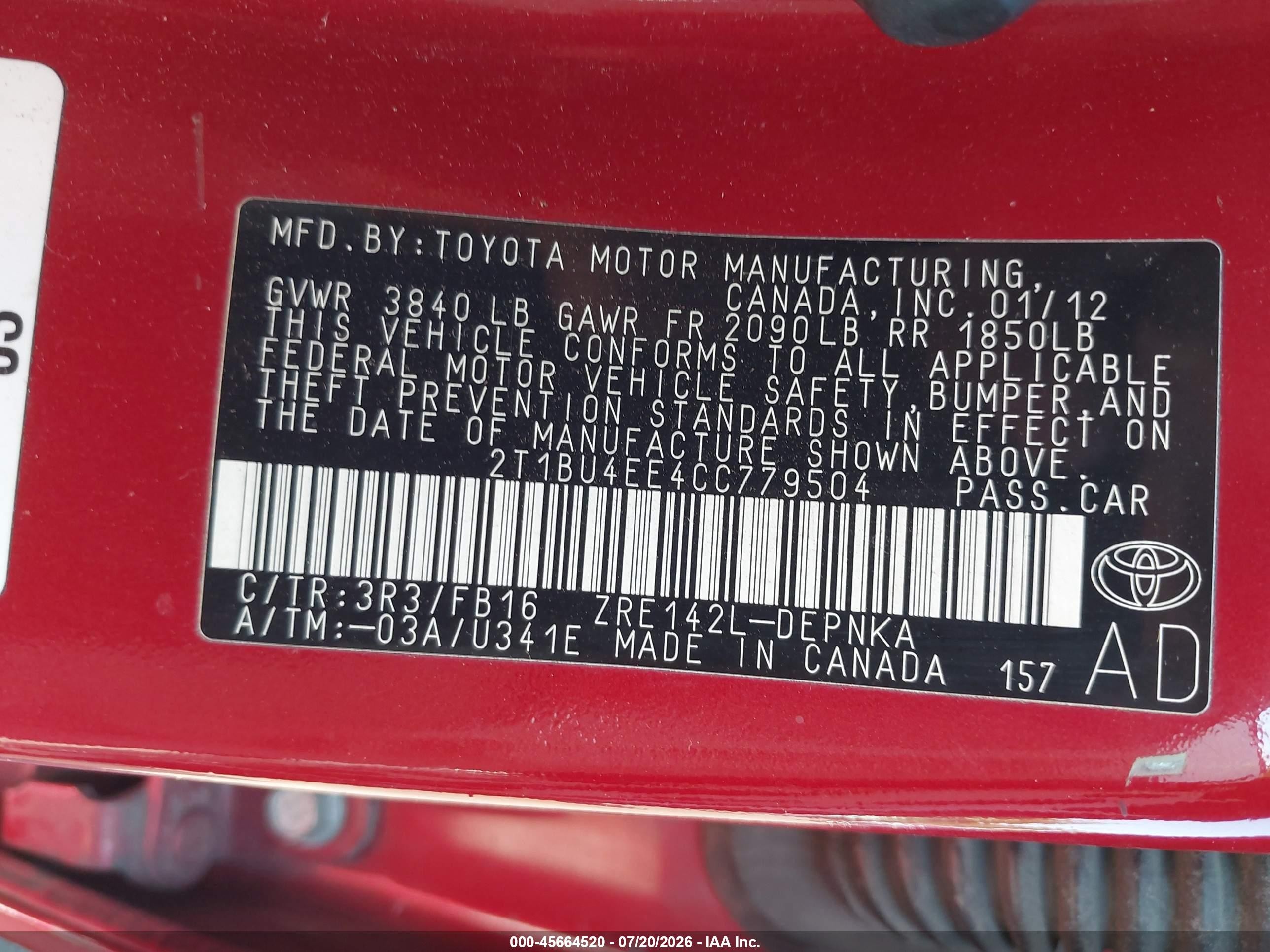 2012 Toyota Corolla Le Красный vin: 2T1BU4EE4CC779504