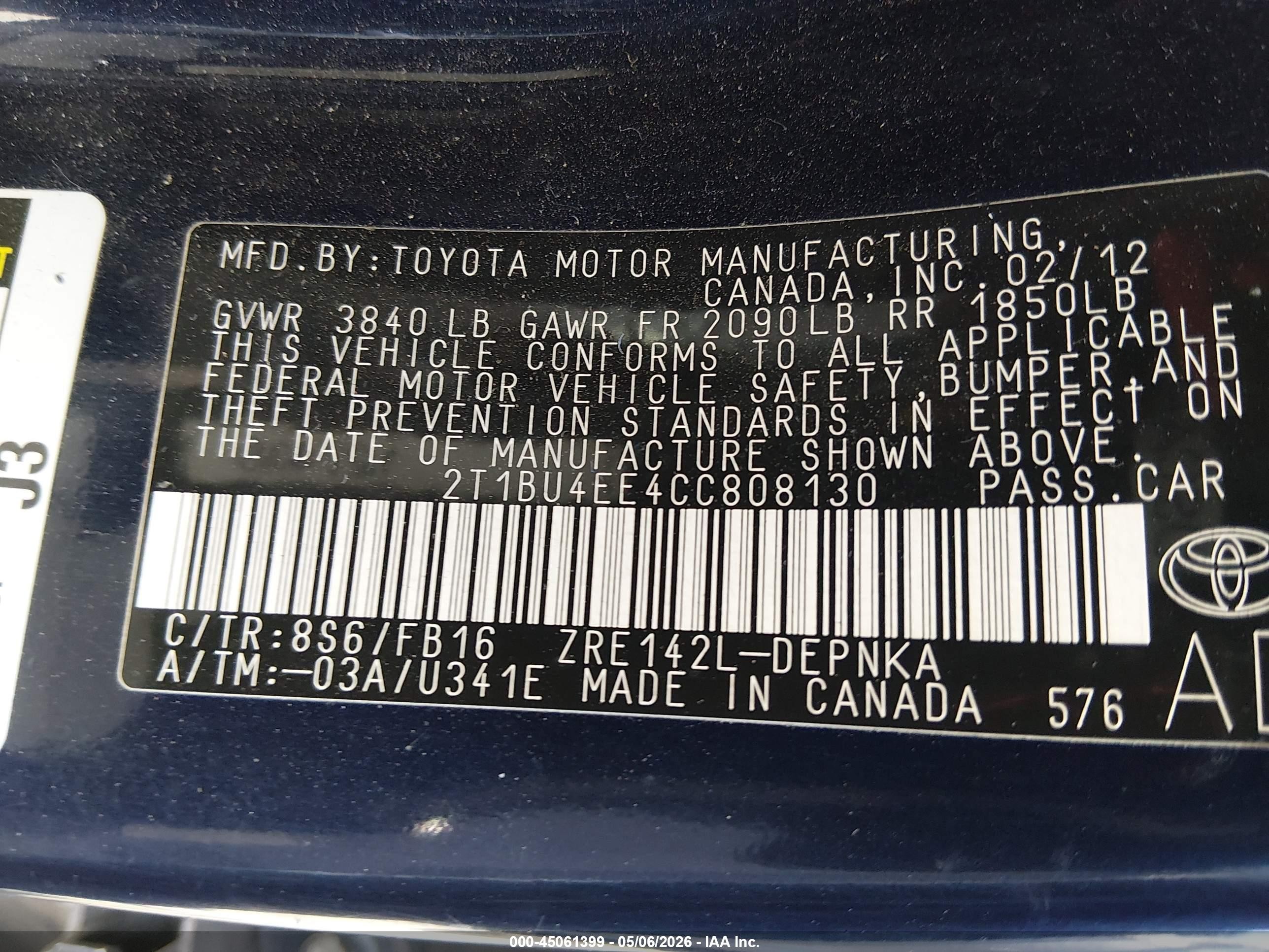 2012 Toyota Corolla Le Blue vin: 2T1BU4EE4CC808130