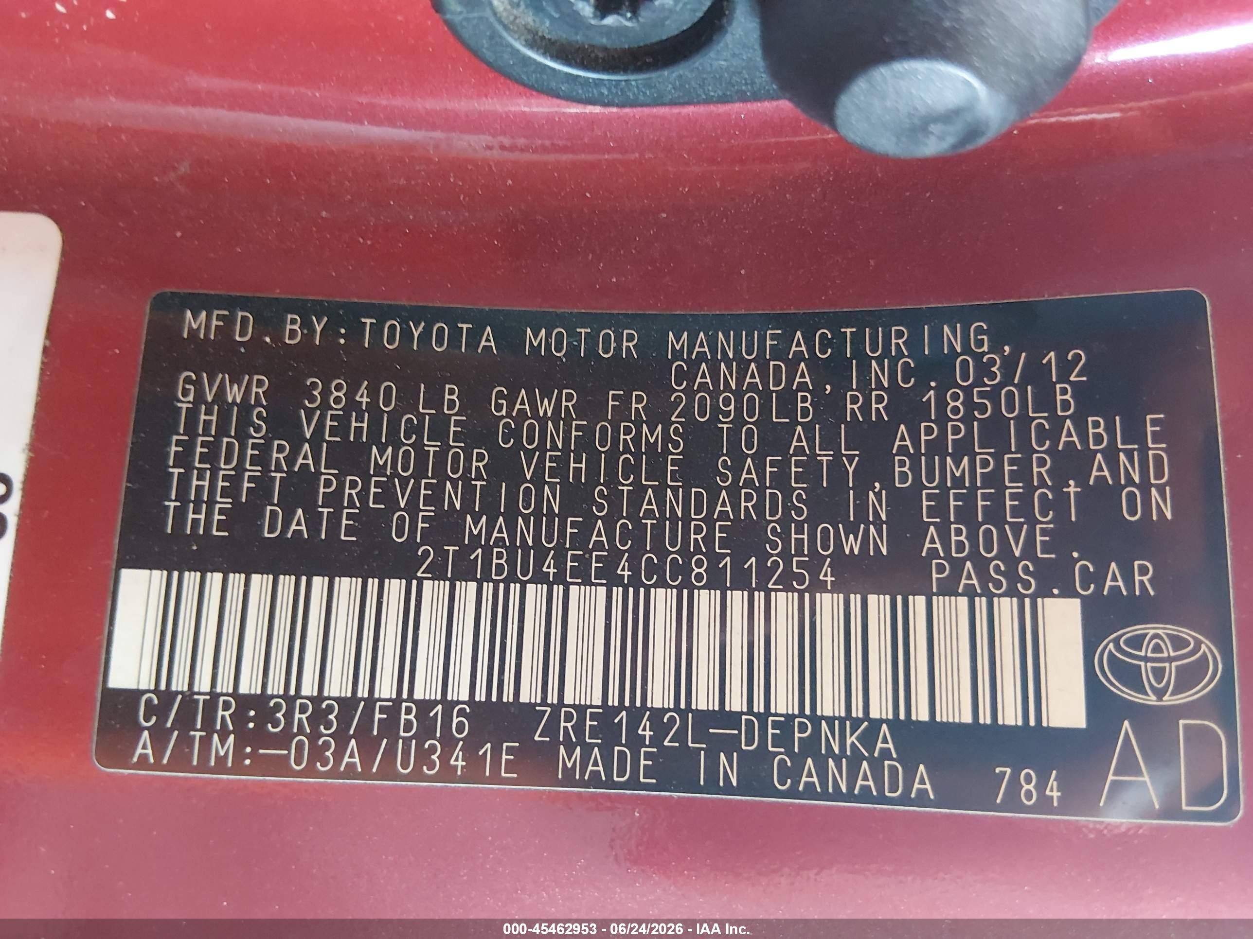2012 Toyota Corolla Le Красный vin: 2T1BU4EE4CC811254