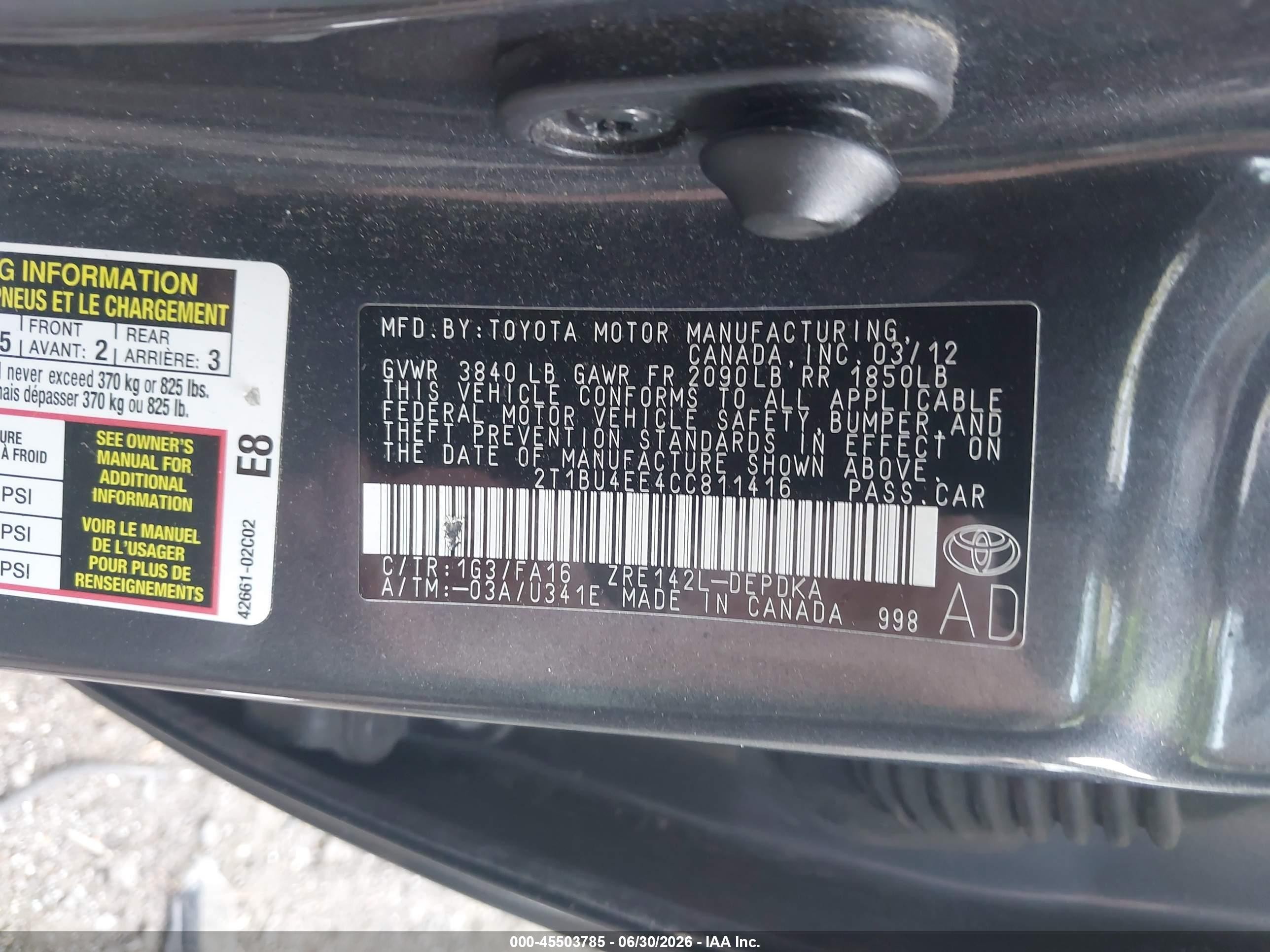 2012 Toyota Corolla L Gray vin: 2T1BU4EE4CC811416