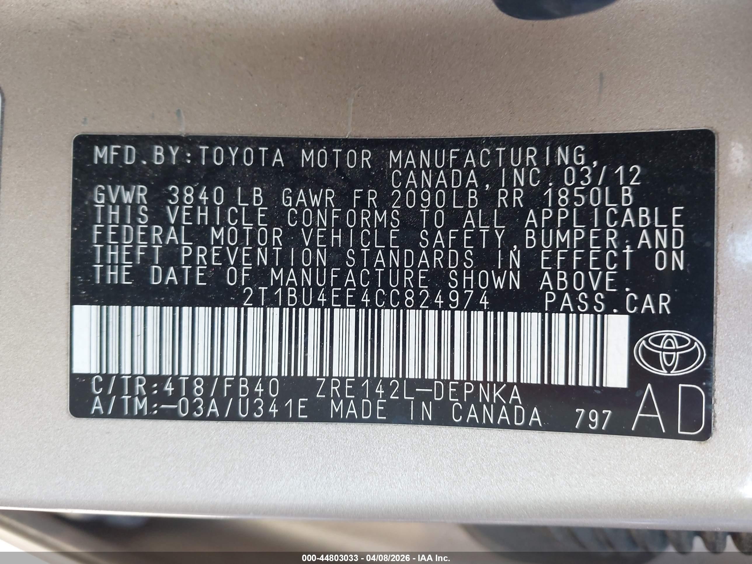 2012 Toyota Corolla Le Gold vin: 2T1BU4EE4CC824974